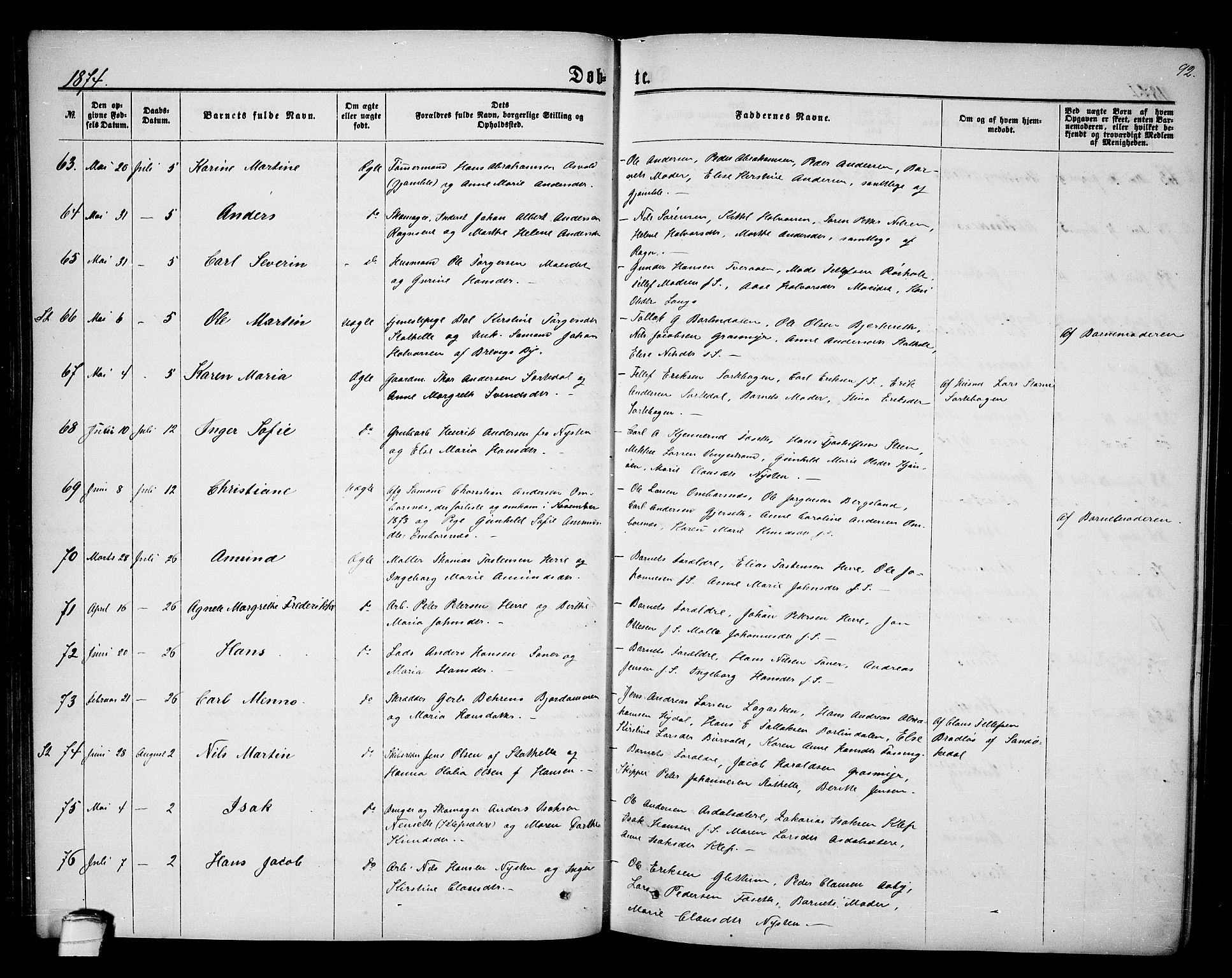 Bamble kirkebøker, AV/SAKO-A-253/G/Ga/L0006: Parish register (copy) no. I 6, 1860-1876, p. 92