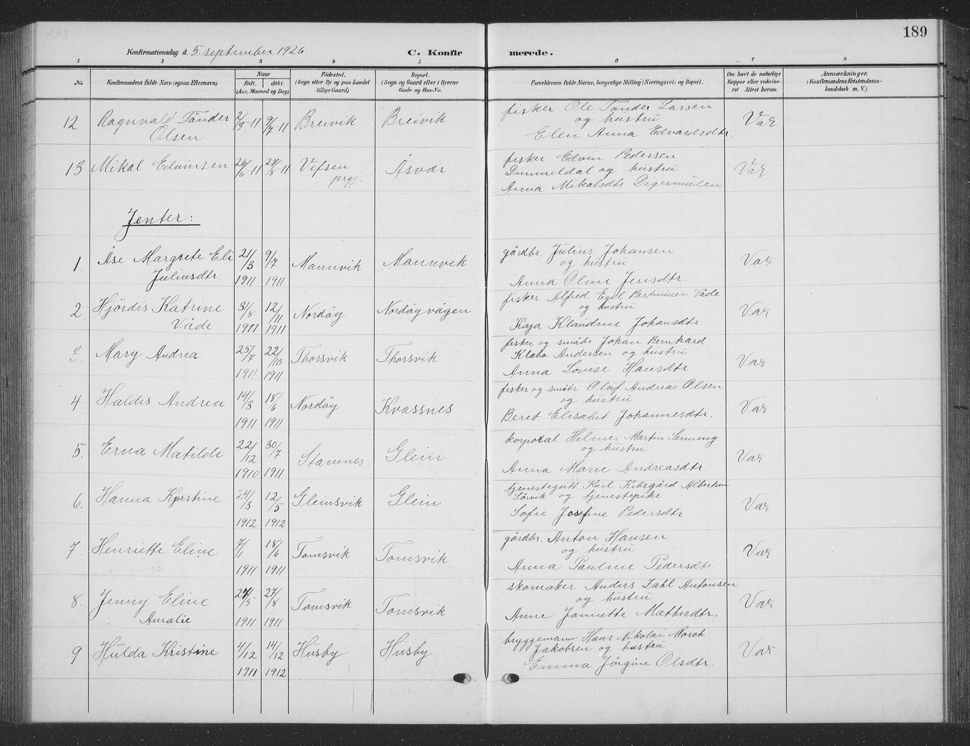 Ministerialprotokoller, klokkerbøker og fødselsregistre - Nordland, SAT/A-1459/835/L0533: Parish register (copy) no. 835C05, 1906-1939, p. 189