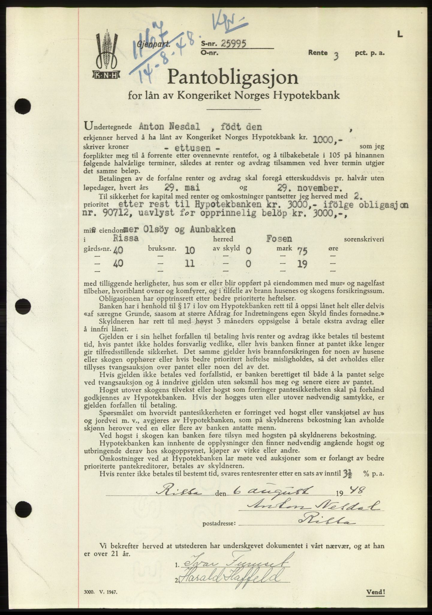 Fosen sorenskriveri, AV/SAT-A-1107/1/2/2C: Mortgage book no. B, 1948-1950, Diary no: : 1167/1948