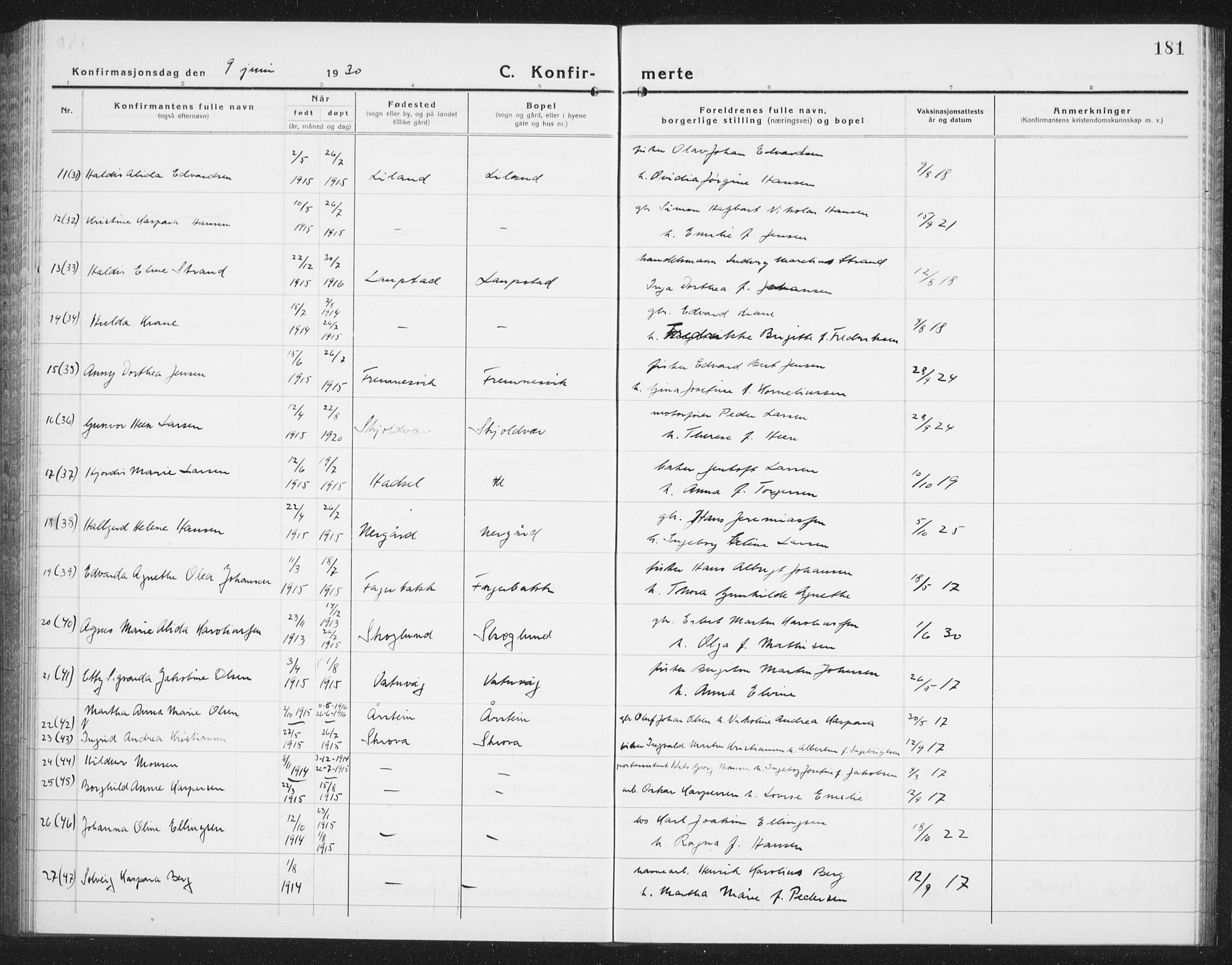 Ministerialprotokoller, klokkerbøker og fødselsregistre - Nordland, AV/SAT-A-1459/874/L1081: Parish register (copy) no. 874C10, 1925-1941, p. 181