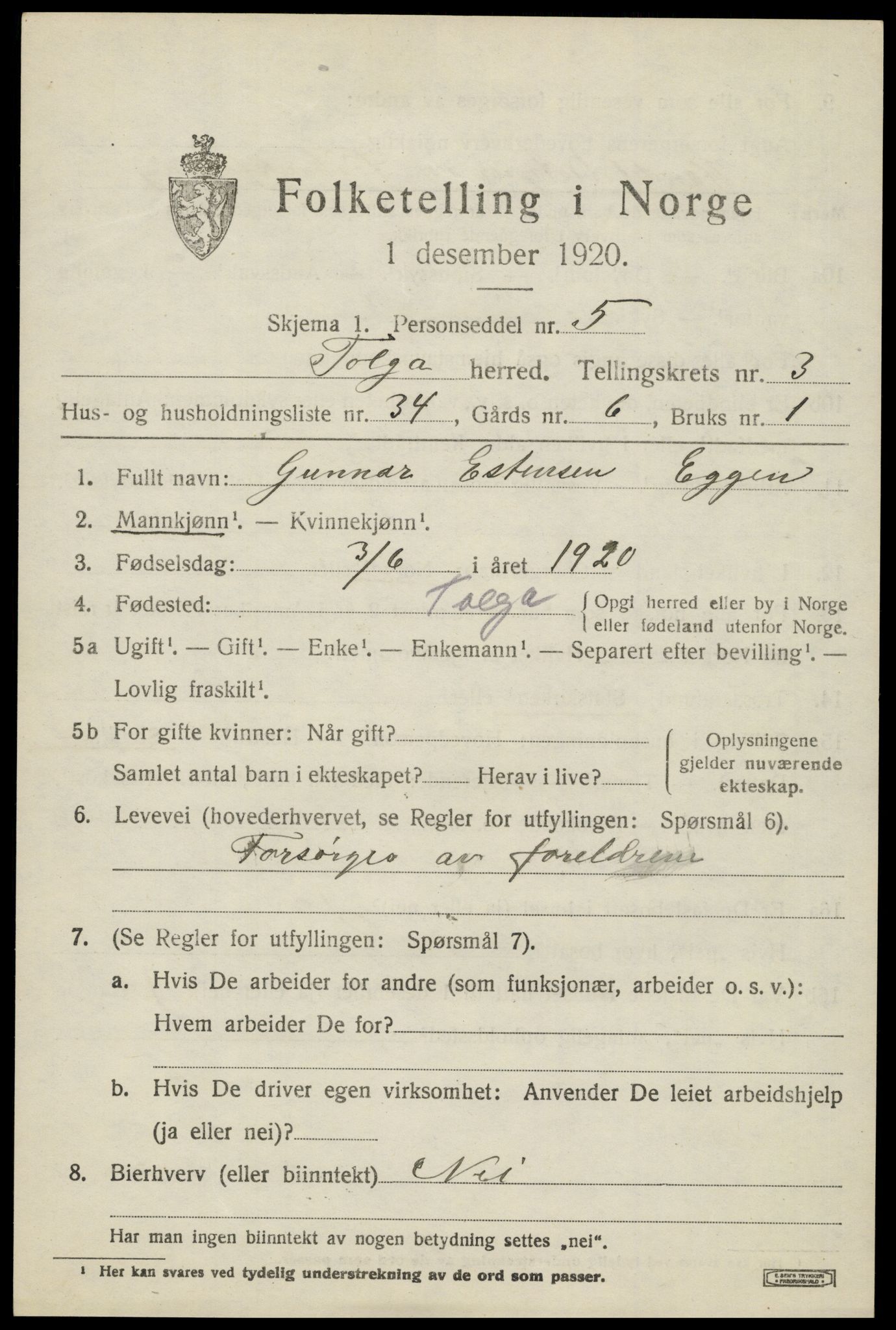 SAH, 1920 census for Tolga, 1920, p. 2587