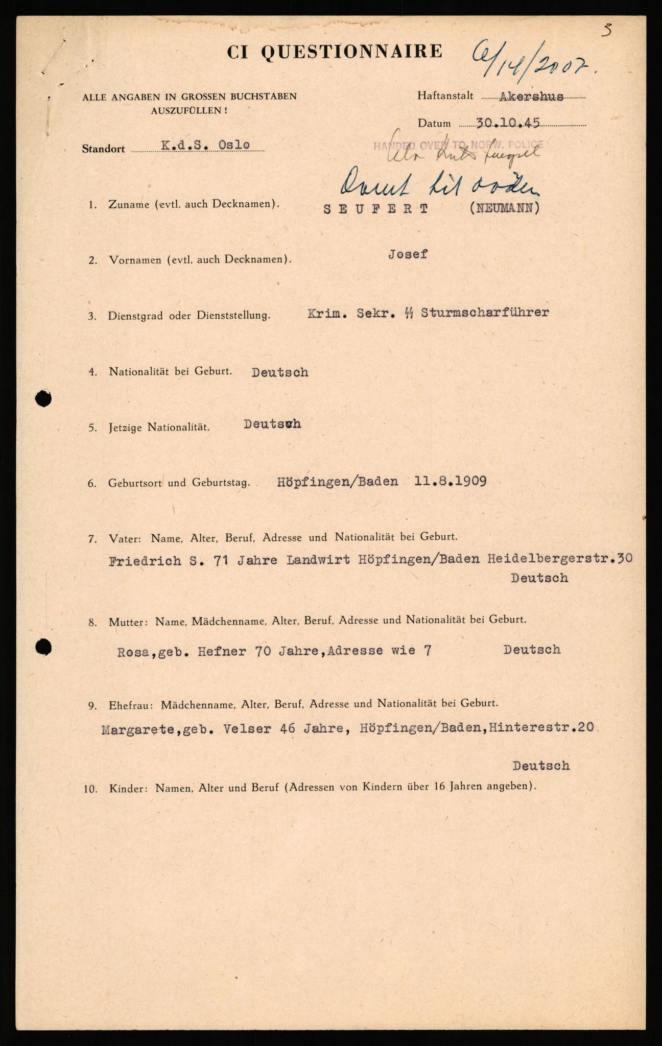 Forsvaret, Forsvarets overkommando II, RA/RAFA-3915/D/Db/L0032: CI Questionaires. Tyske okkupasjonsstyrker i Norge. Tyskere., 1945-1946, p. 35