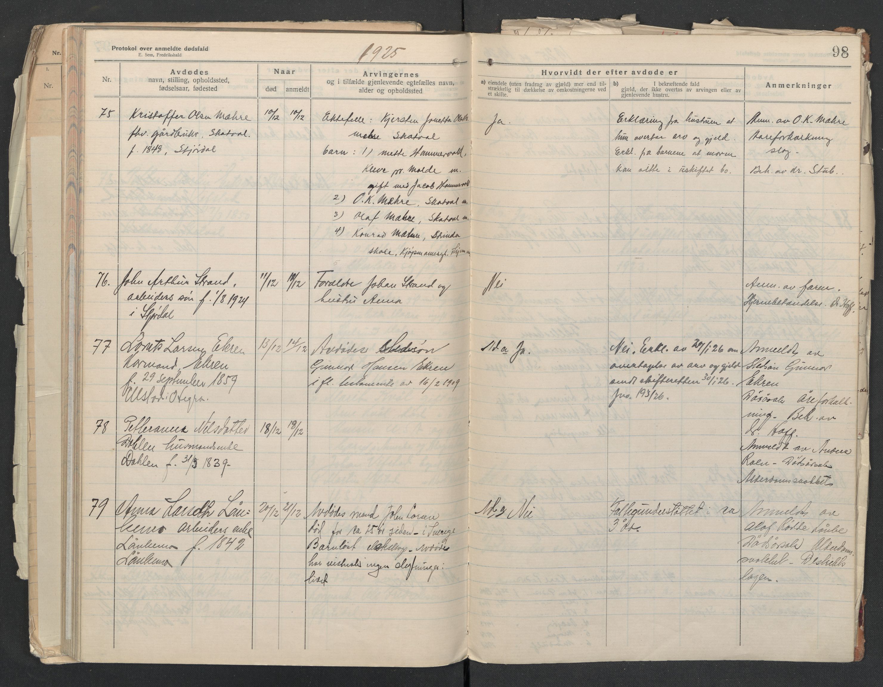 Nedre Stjørdal lensmannskontor, SAT/A-1044/02/L0005: 2.01.05 Dødsfallsprotokoller, 1921-1928, p. 98