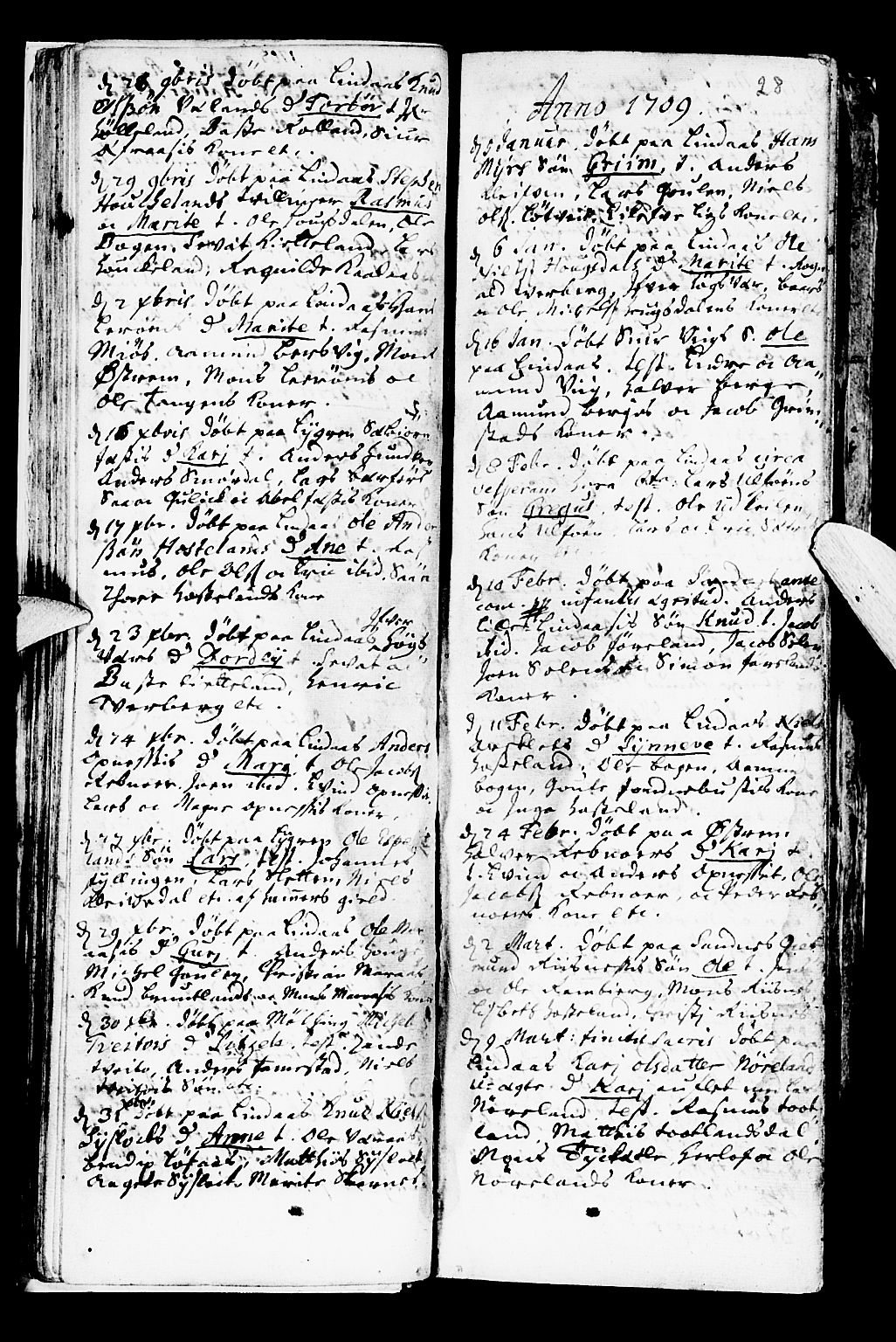 Lindås Sokneprestembete, SAB/A-76701/H/Haa: Parish register (official) no. A 1, 1699-1746, p. 28