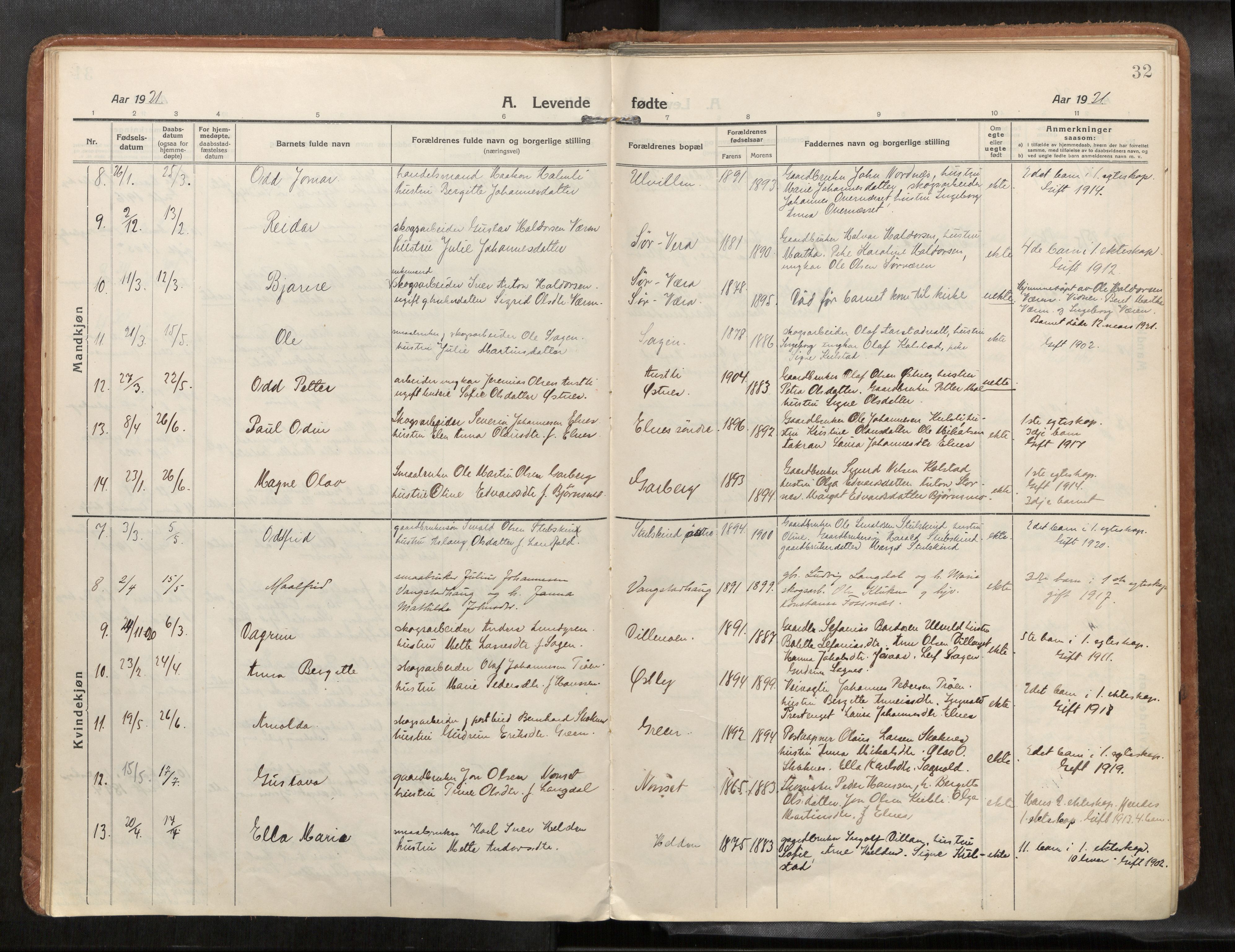 Verdal sokneprestkontor, SAT/A-1156/2/H/Haa/L0004: Parish register (official) no. 4, 1916-1928, p. 32