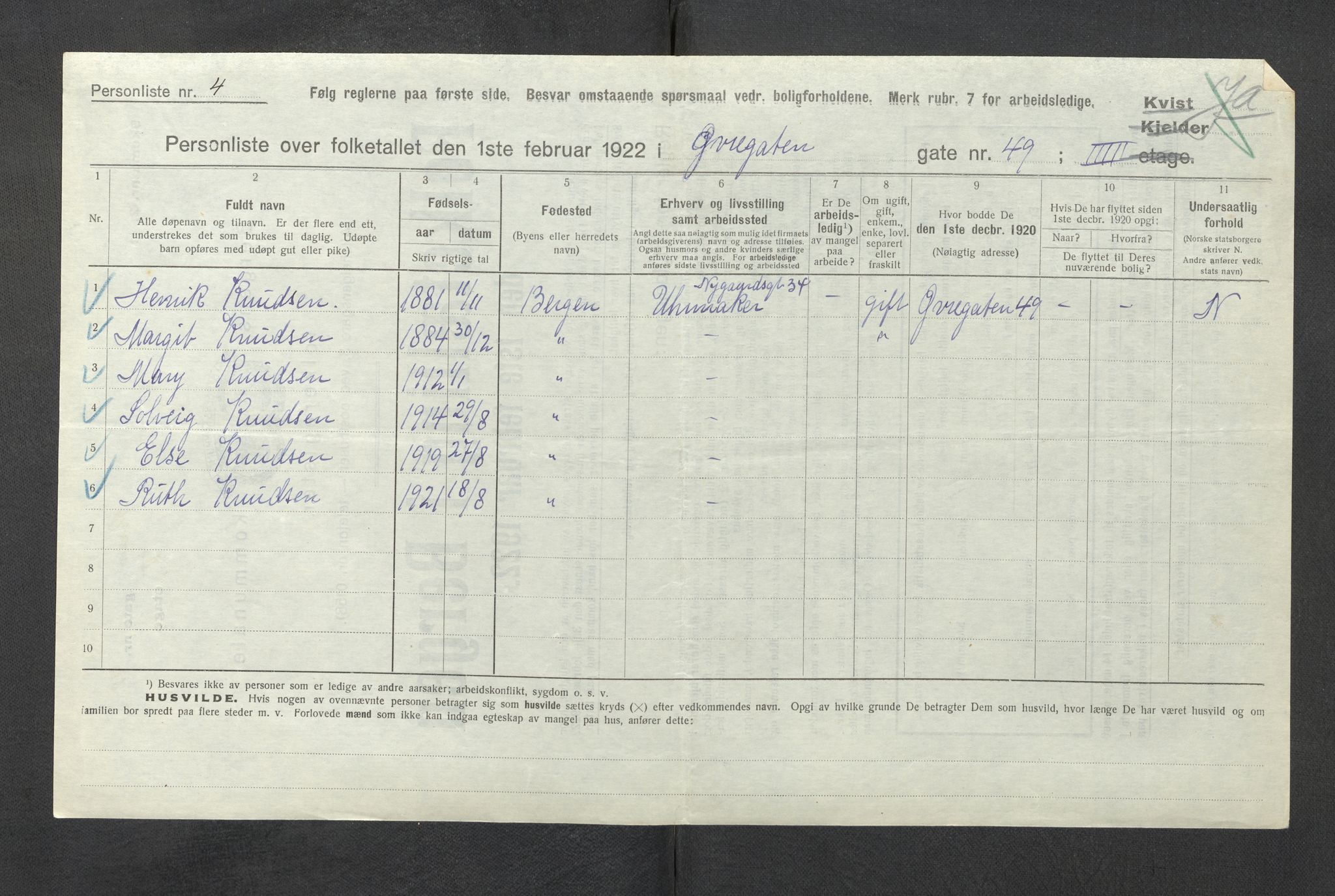 SAB, Municipal Census 1922 for Bergen, 1922, p. 49376