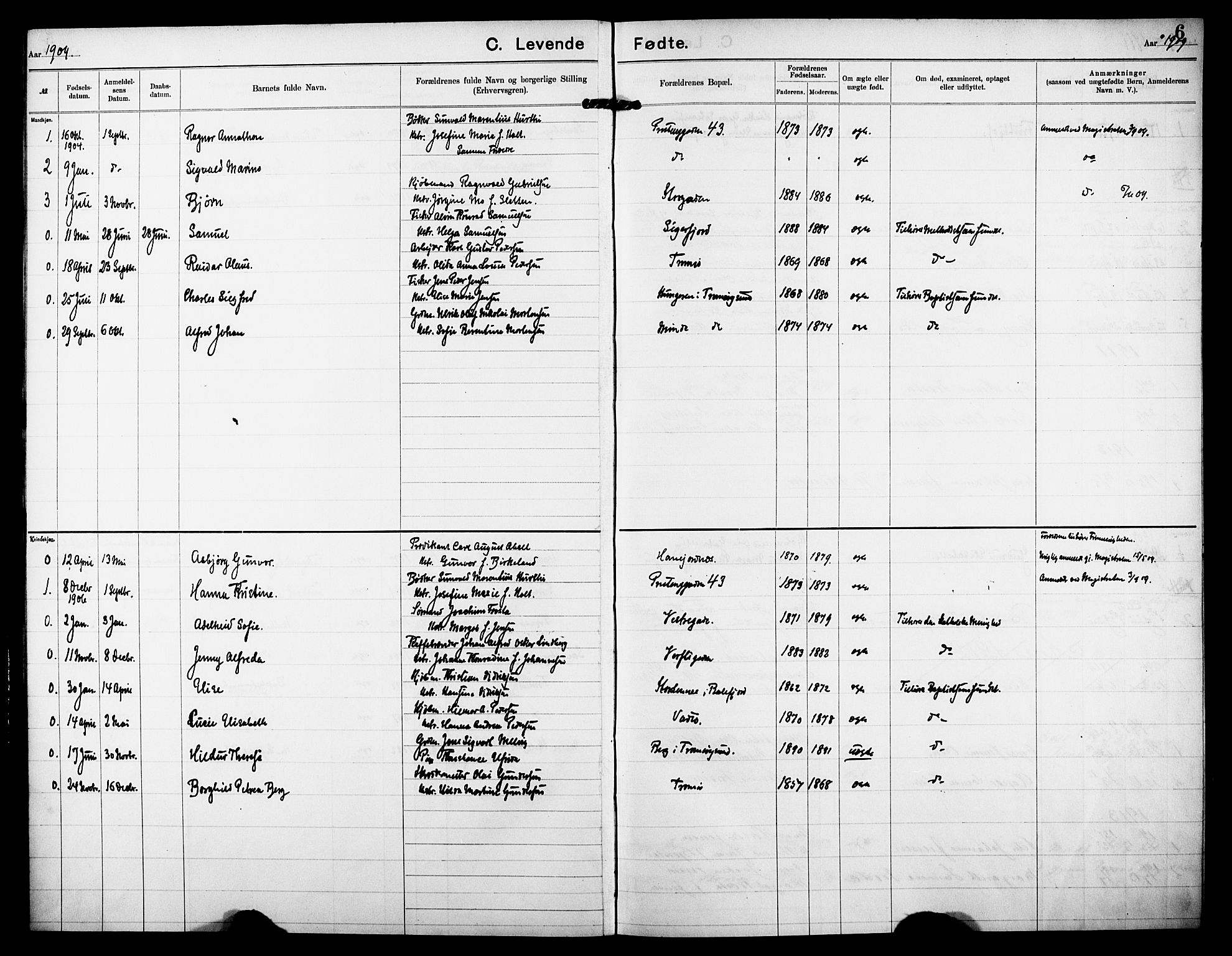 Tromsø sokneprestkontor/stiftsprosti/domprosti, AV/SATØ-S-1343/G/Ge/L0068: Dissenter register no. 68, 1907-1917, p. 6