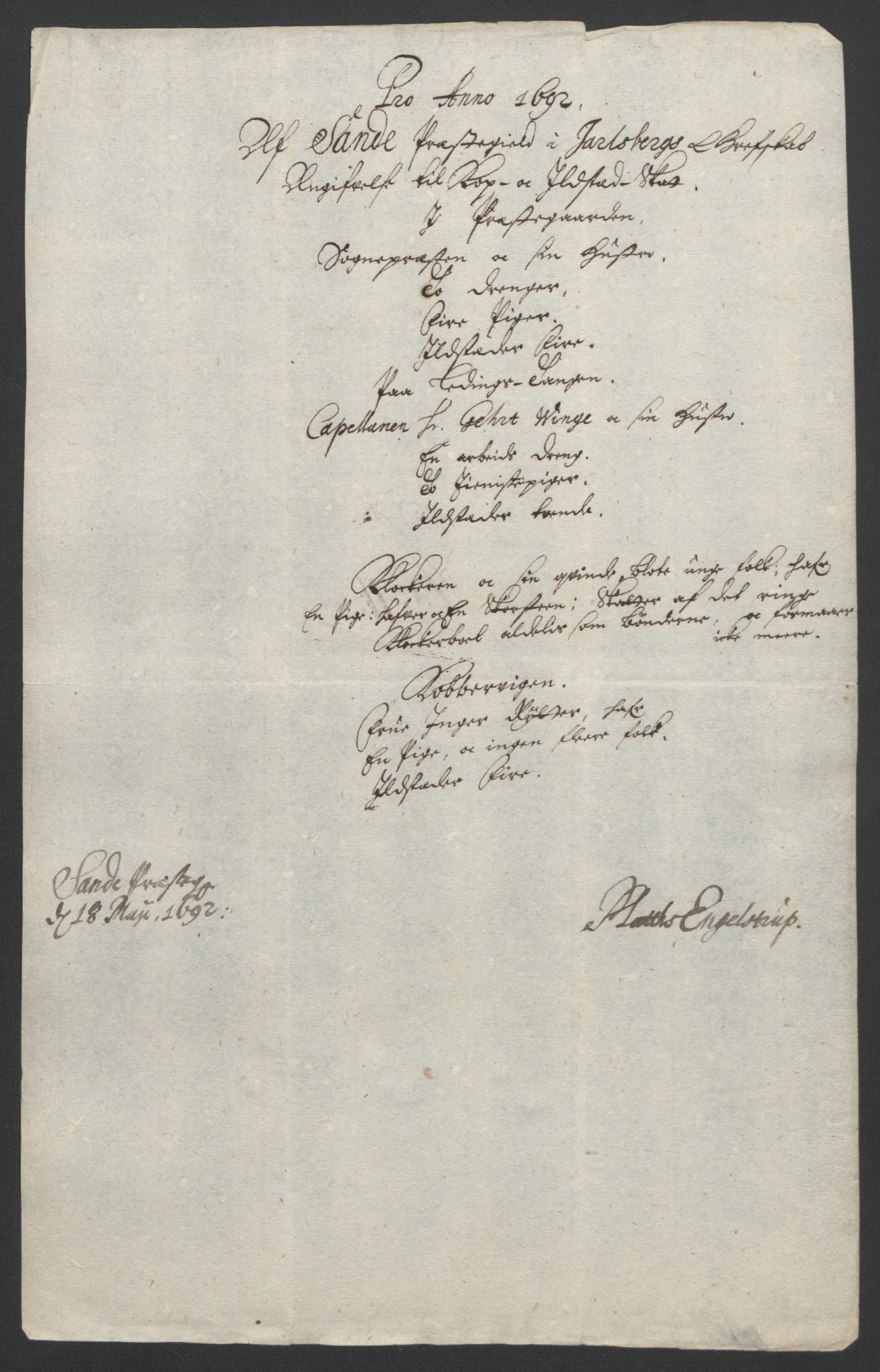 Rentekammeret inntil 1814, Reviderte regnskaper, Fogderegnskap, RA/EA-4092/R32/L1865: Fogderegnskap Jarlsberg grevskap, 1692, p. 292