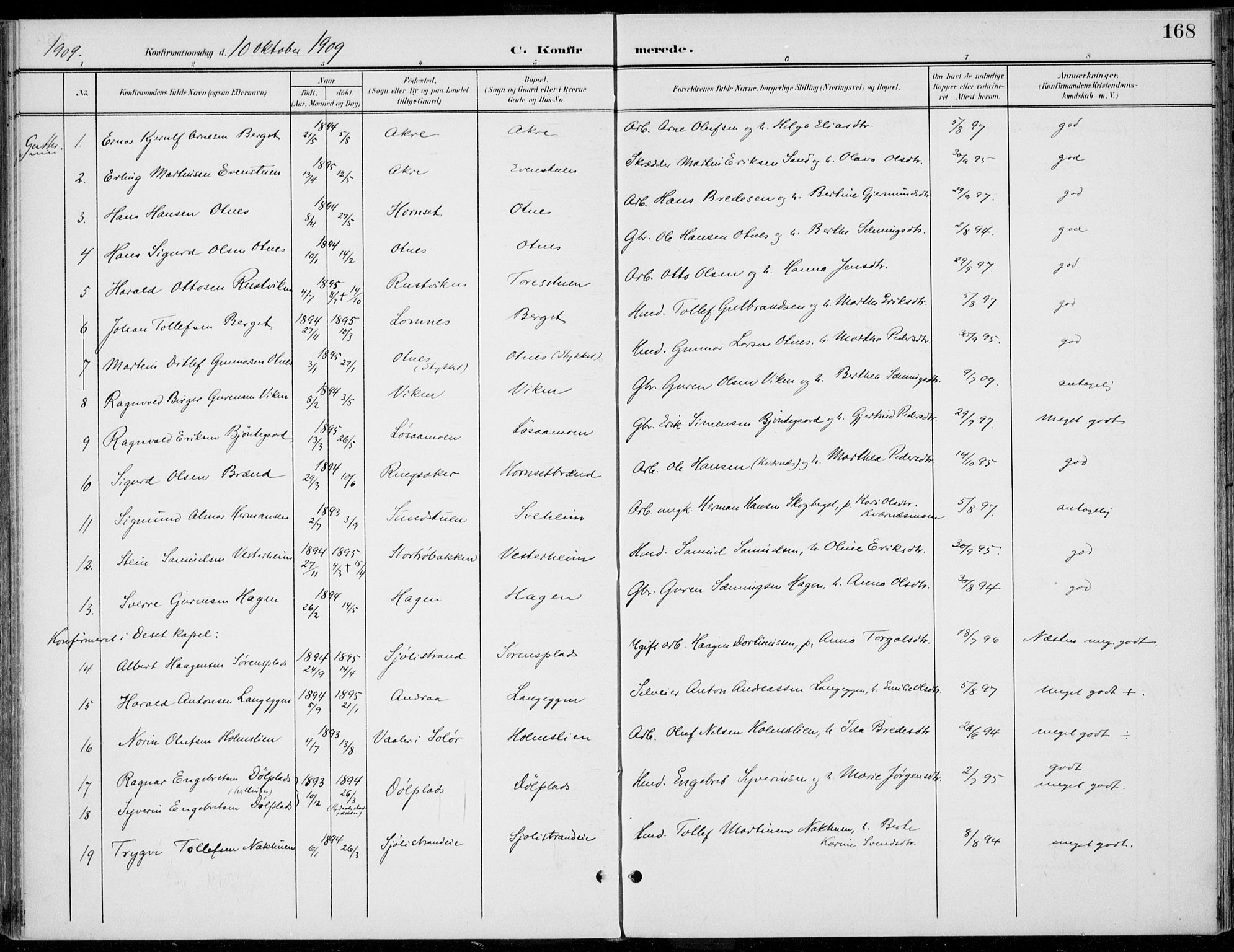 Rendalen prestekontor, SAH/PREST-054/H/Ha/Haa/L0011: Parish register (official) no. 11, 1901-1925, p. 168