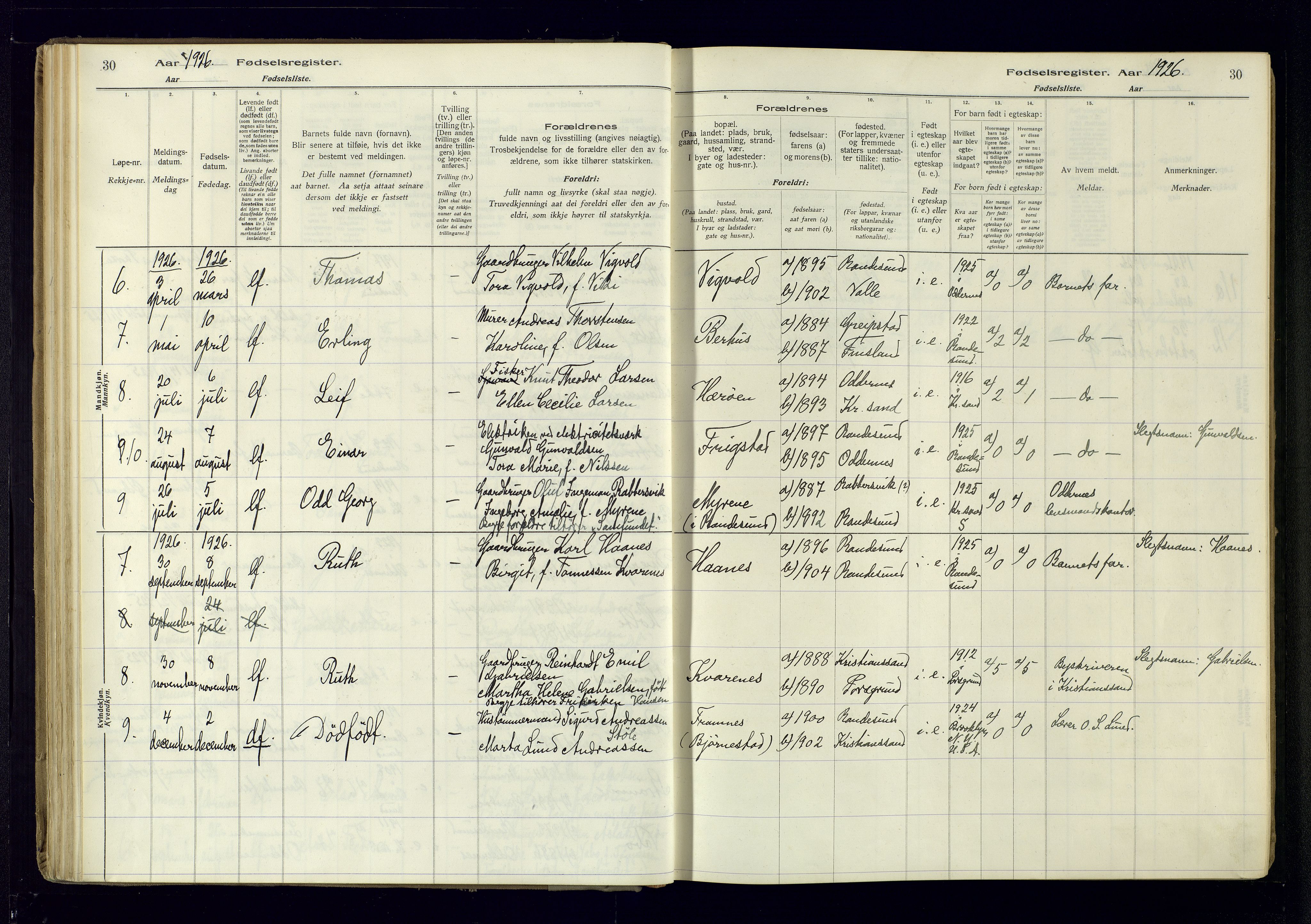 Oddernes sokneprestkontor, AV/SAK-1111-0033/J/Ja/L0007: Birth register no. 7, 1916-1971, p. 30