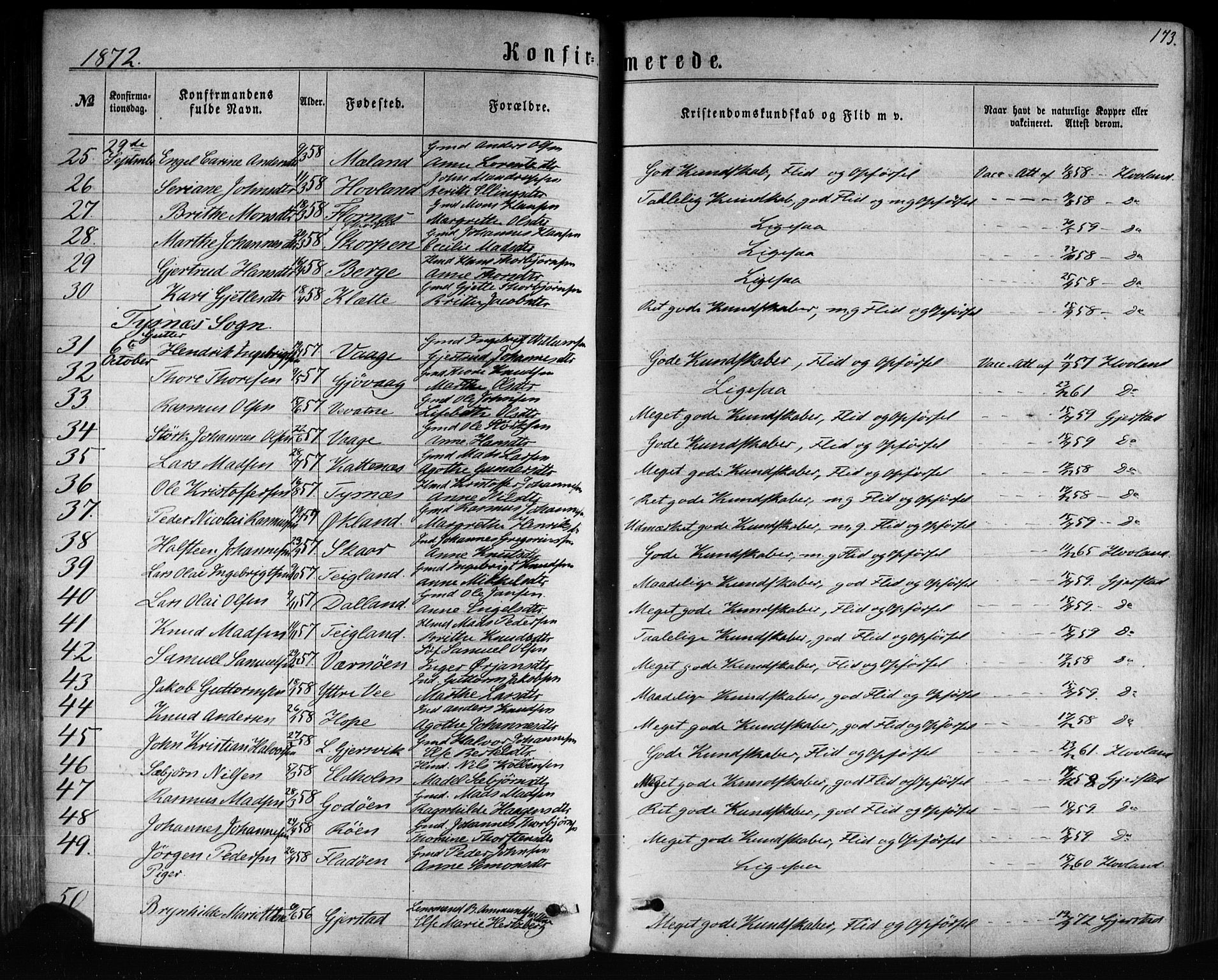 Tysnes sokneprestembete, AV/SAB-A-78601/H/Haa: Parish register (official) no. A 12, 1872-1886, p. 173