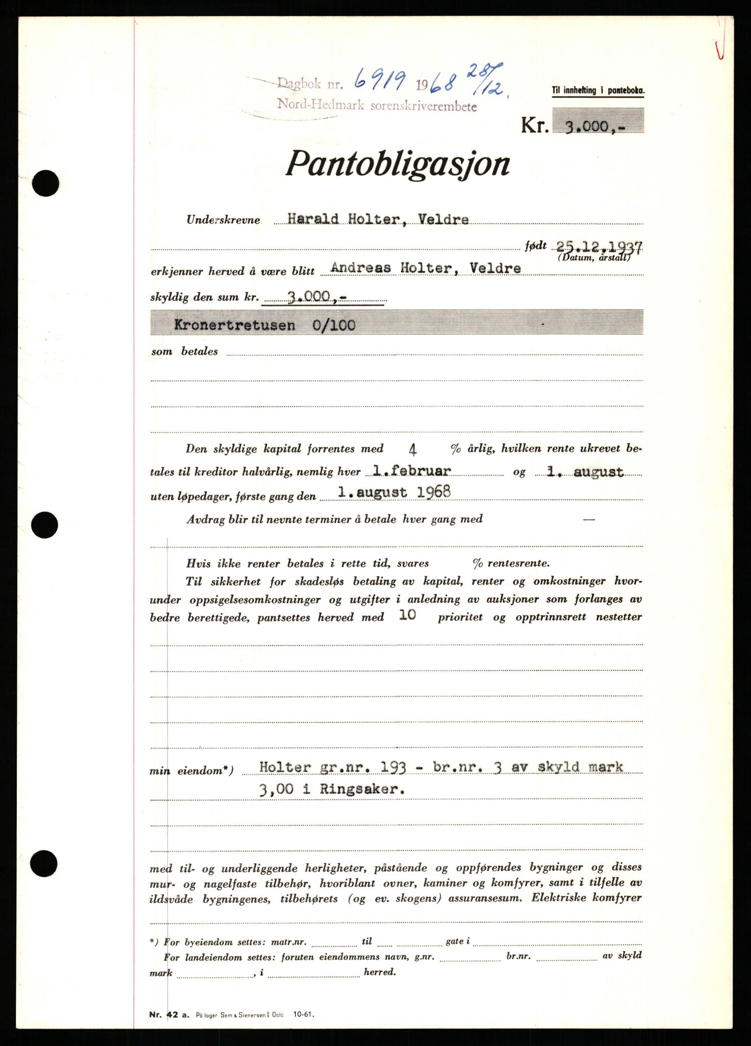 Nord-Hedmark sorenskriveri, SAH/TING-012/H/Hb/Hbf/L0077: Mortgage book no. B77, 1968-1969, Diary no: : 6919/1968