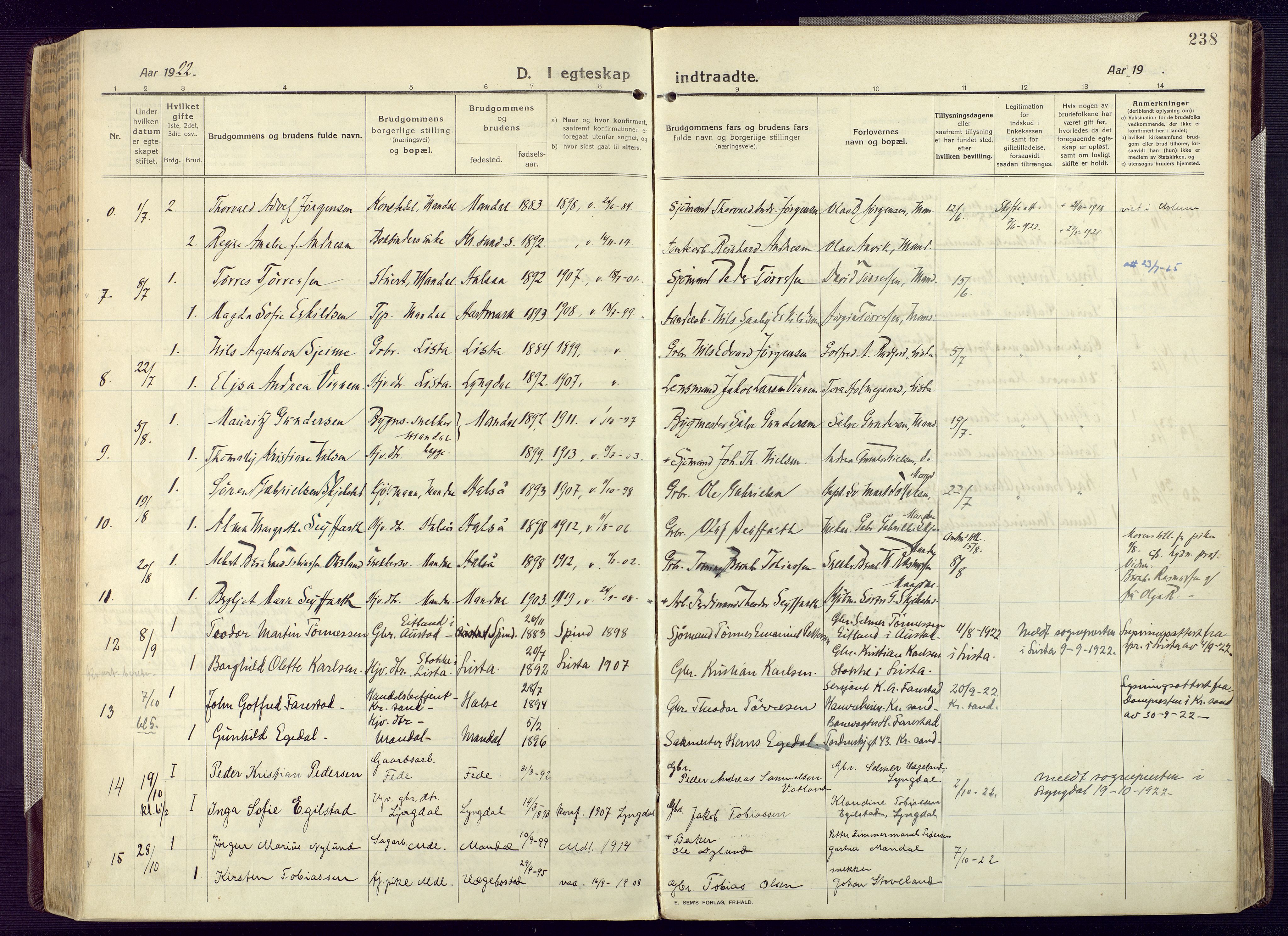 Mandal sokneprestkontor, AV/SAK-1111-0030/F/Fa/Fac/L0001: Parish register (official) no. A 1, 1913-1925, p. 238