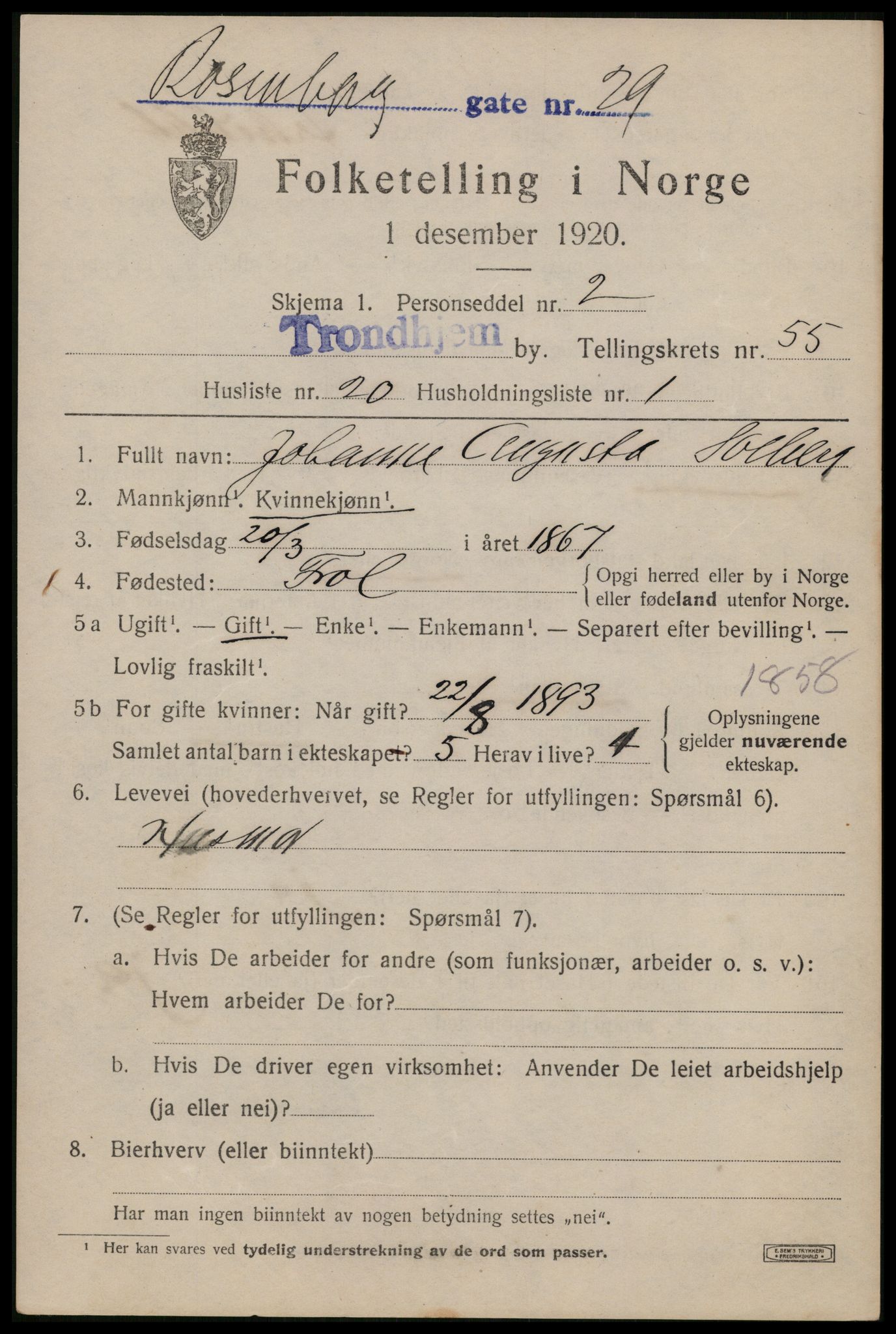 SAT, 1920 census for Trondheim, 1920, p. 112740