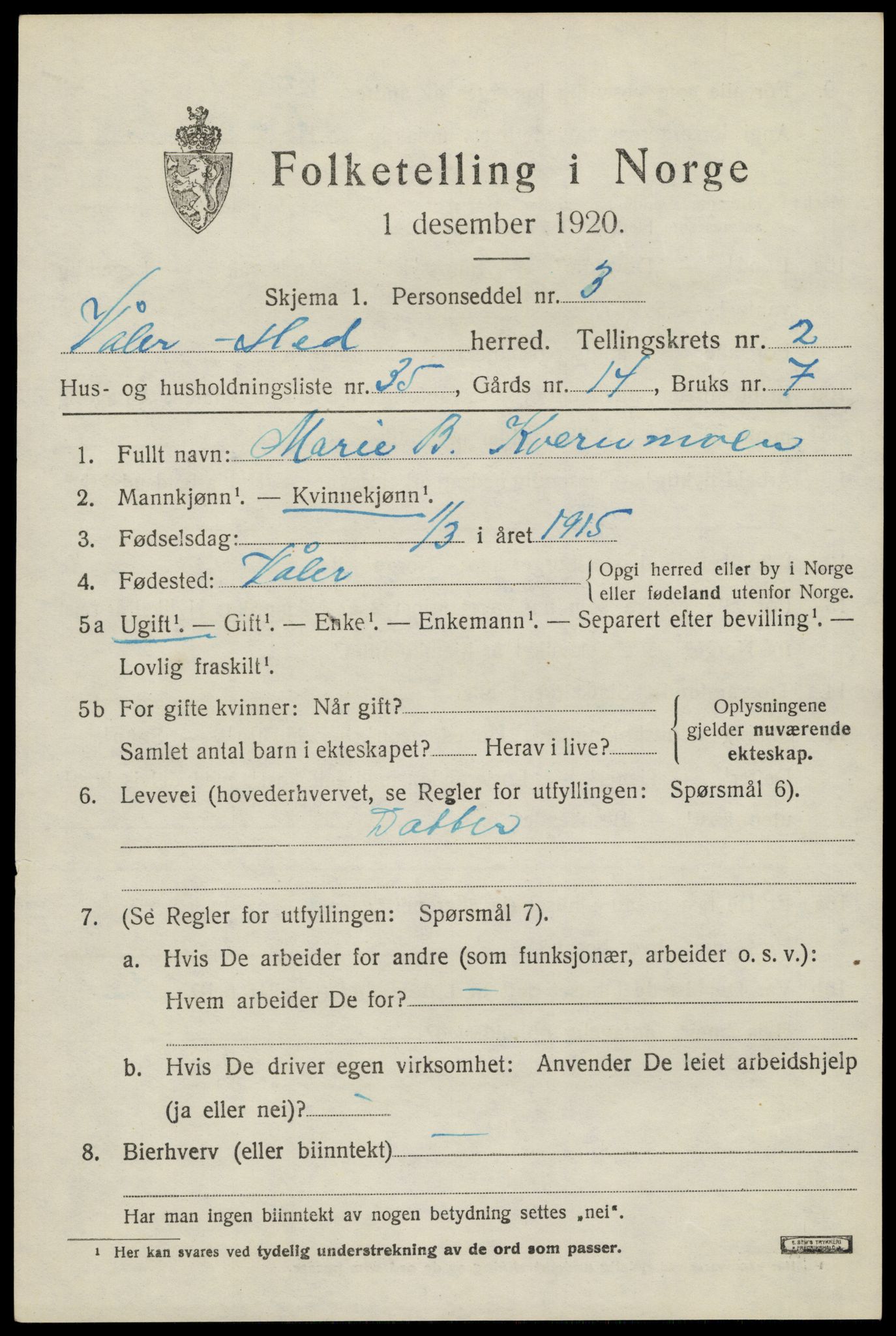 SAH, 1920 census for Våler (Hedmark), 1920, p. 2831