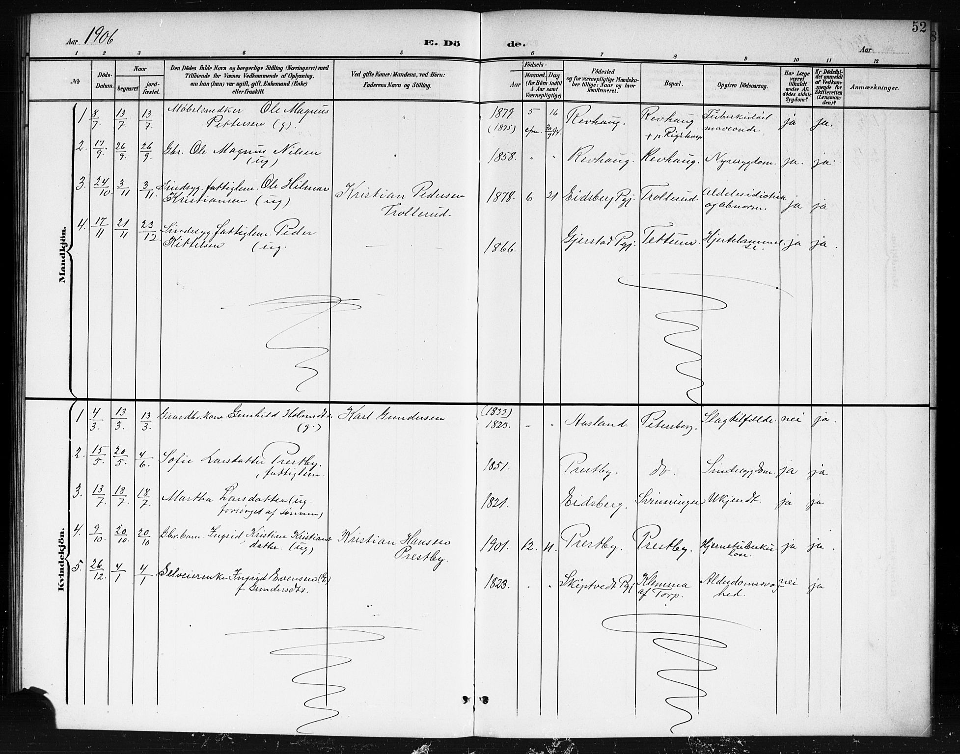 Spydeberg prestekontor Kirkebøker, AV/SAO-A-10924/G/Gc/L0001: Parish register (copy) no. III 1, 1901-1917, p. 52