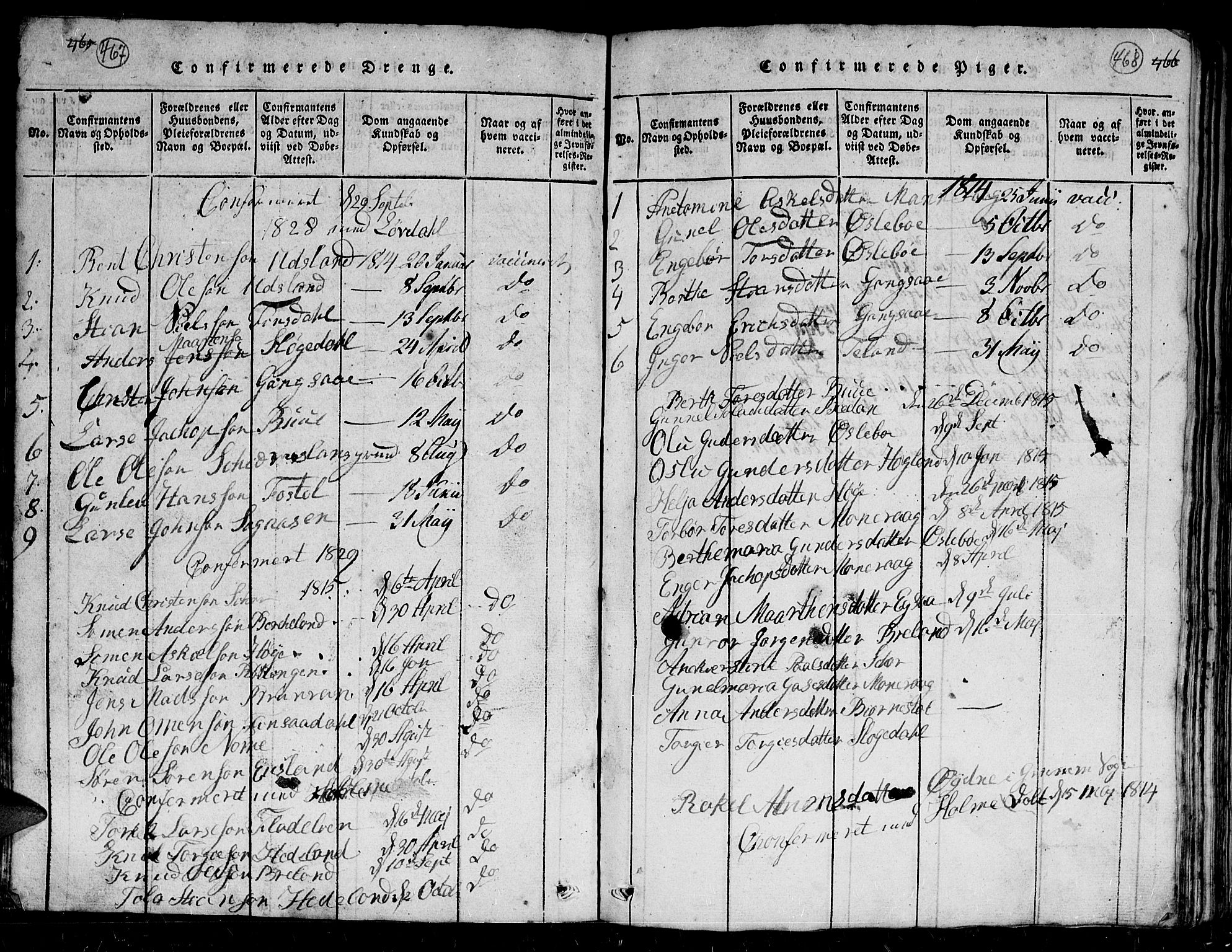 Holum sokneprestkontor, AV/SAK-1111-0022/F/Fb/Fbc/L0001: Parish register (copy) no. B 1, 1820-1859, p. 467-468