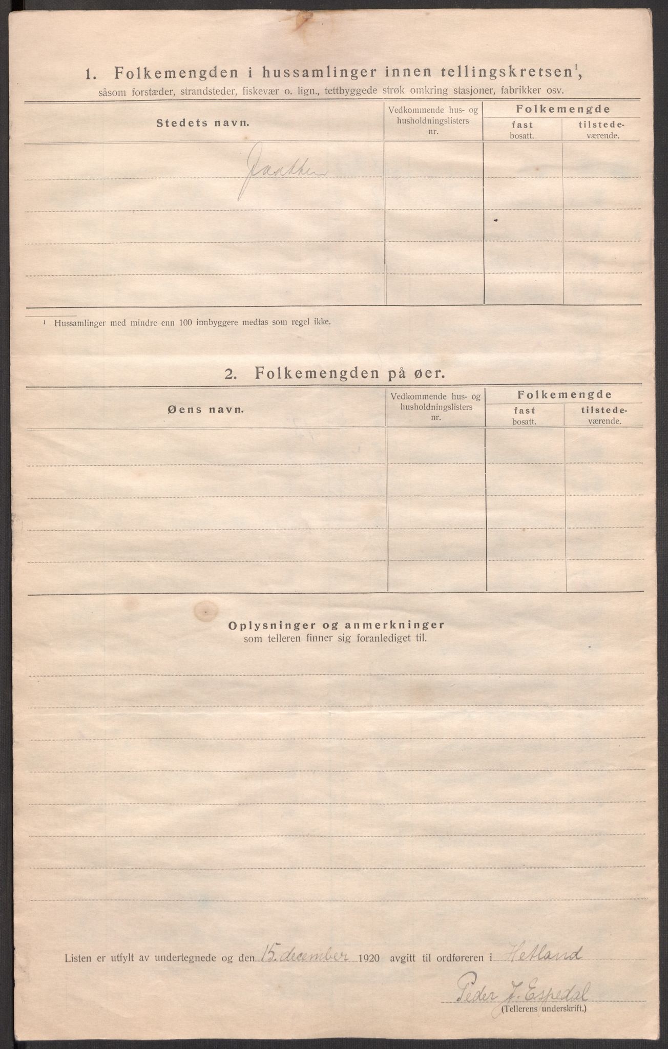 SAST, 1920 census for Hetland, 1920, p. 54