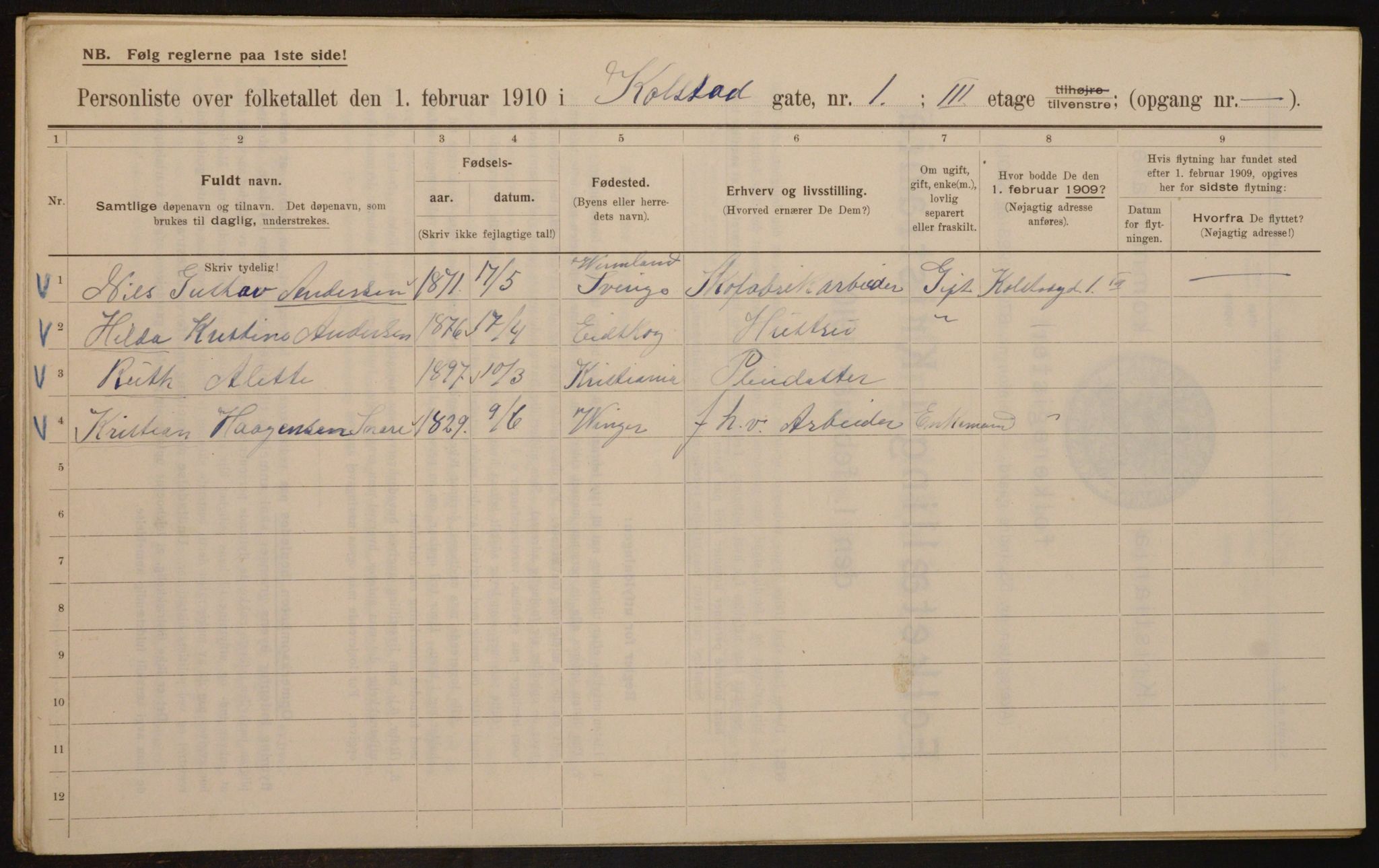 OBA, Municipal Census 1910 for Kristiania, 1910, p. 50700