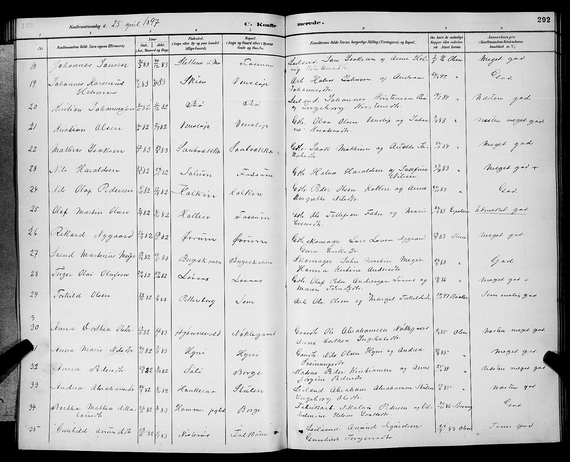 Gjerpen kirkebøker, SAKO/A-265/G/Ga/L0002: Parish register (copy) no. I 2, 1883-1900, p. 292