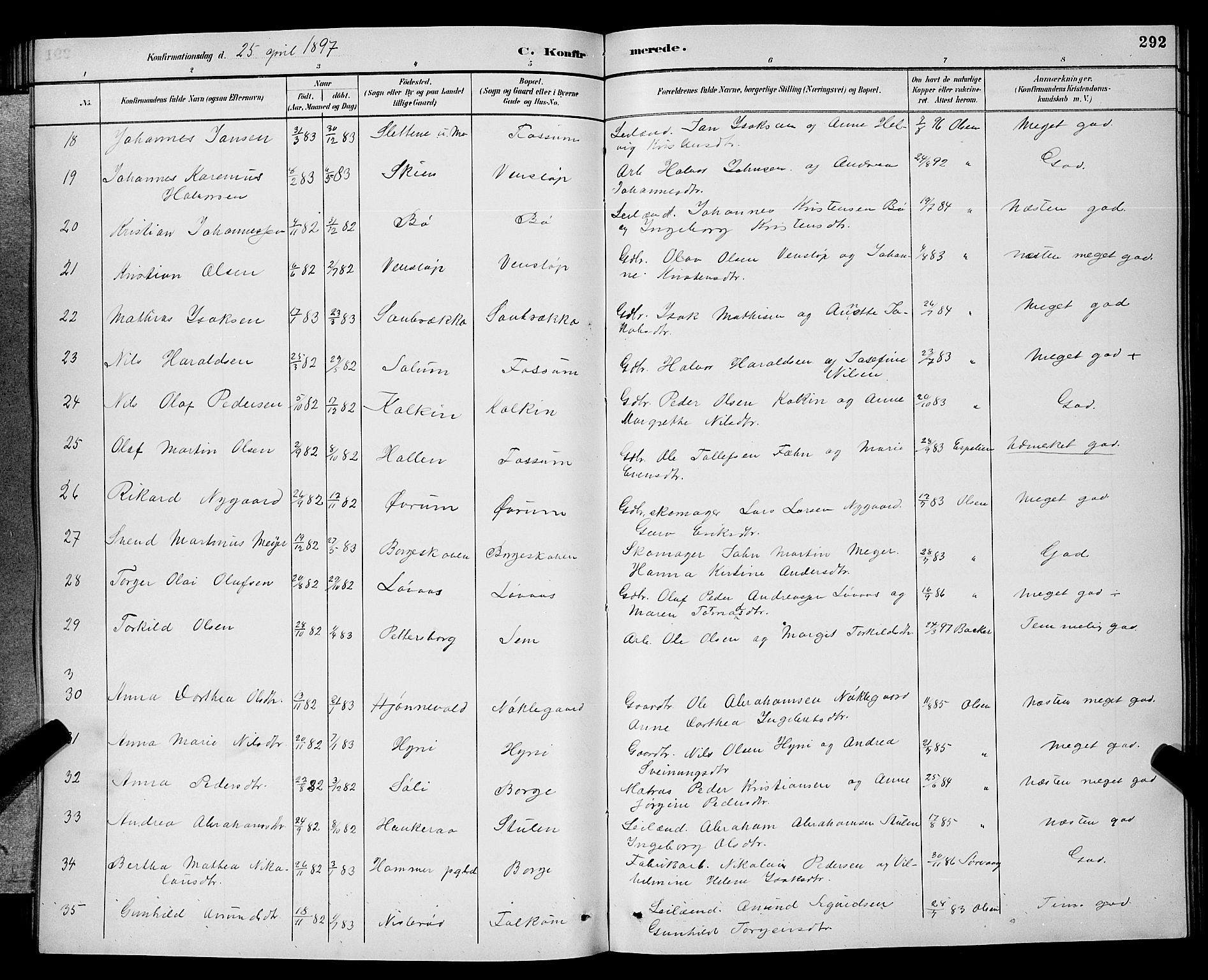 Gjerpen kirkebøker, AV/SAKO-A-265/G/Ga/L0002: Parish register (copy) no. I 2, 1883-1900, p. 292