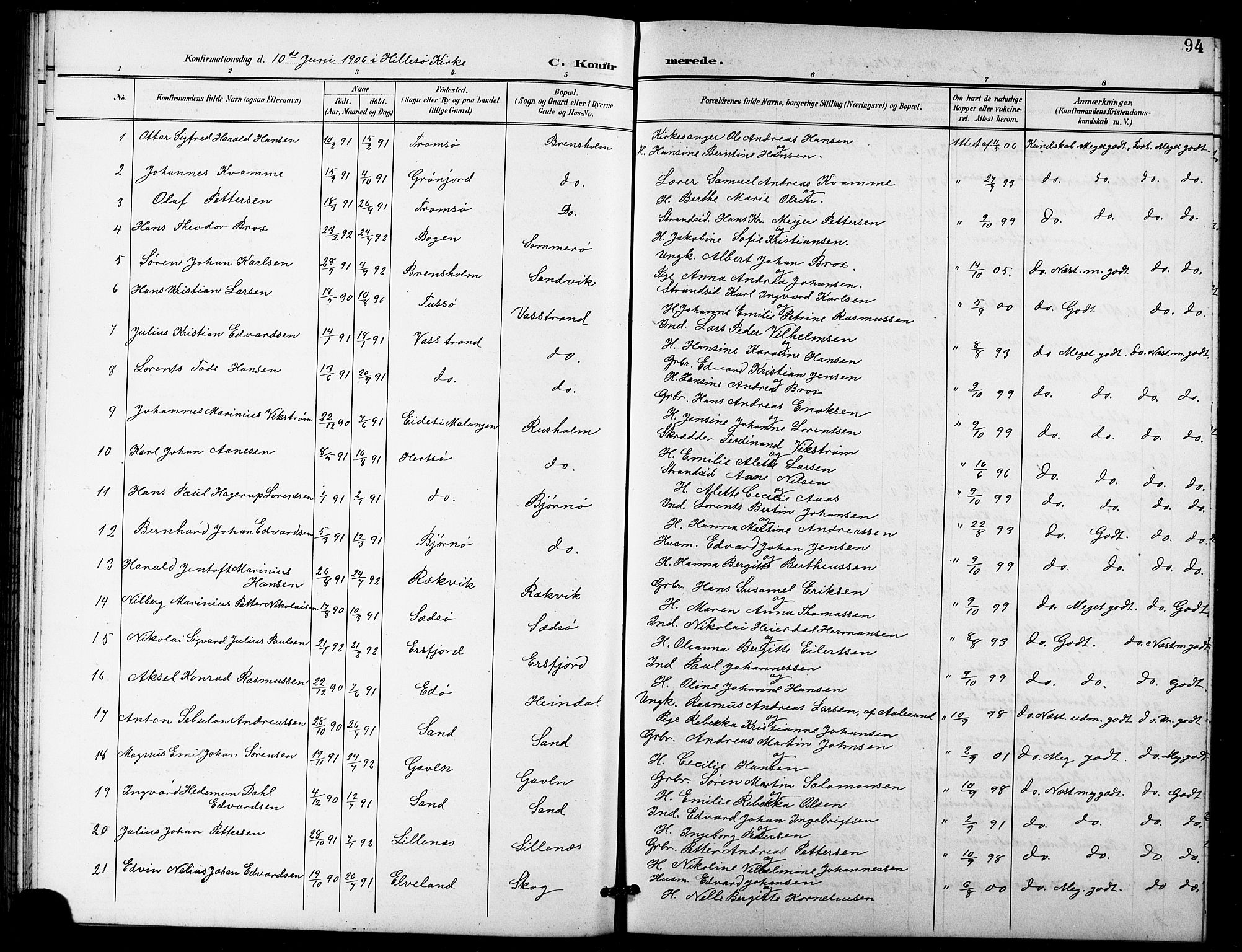 Lenvik sokneprestembete, SATØ/S-1310/H/Ha/Hab/L0022klokker: Parish register (copy) no. 22, 1901-1918, p. 94