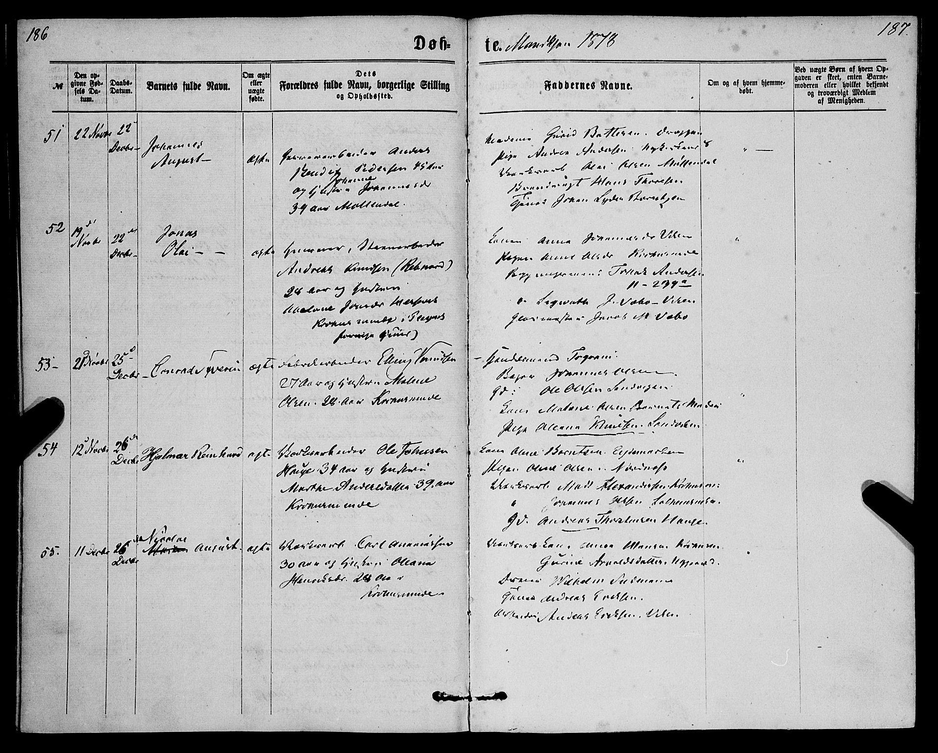 St. Jørgens hospital og Årstad sokneprestembete, AV/SAB-A-99934: Parish register (official) no. A 6, 1870-1878, p. 186-187