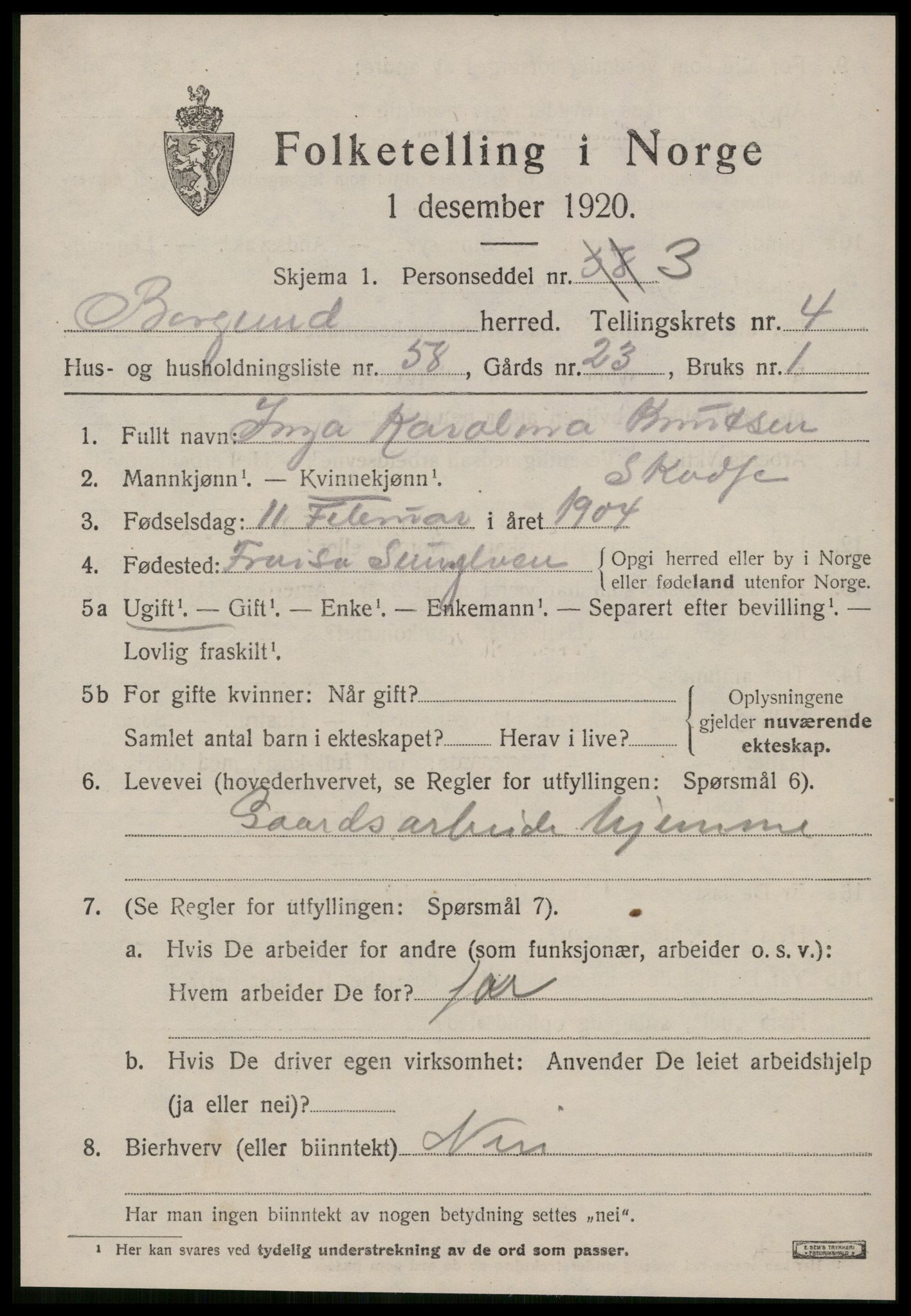 SAT, 1920 census for Borgund, 1920, p. 4604