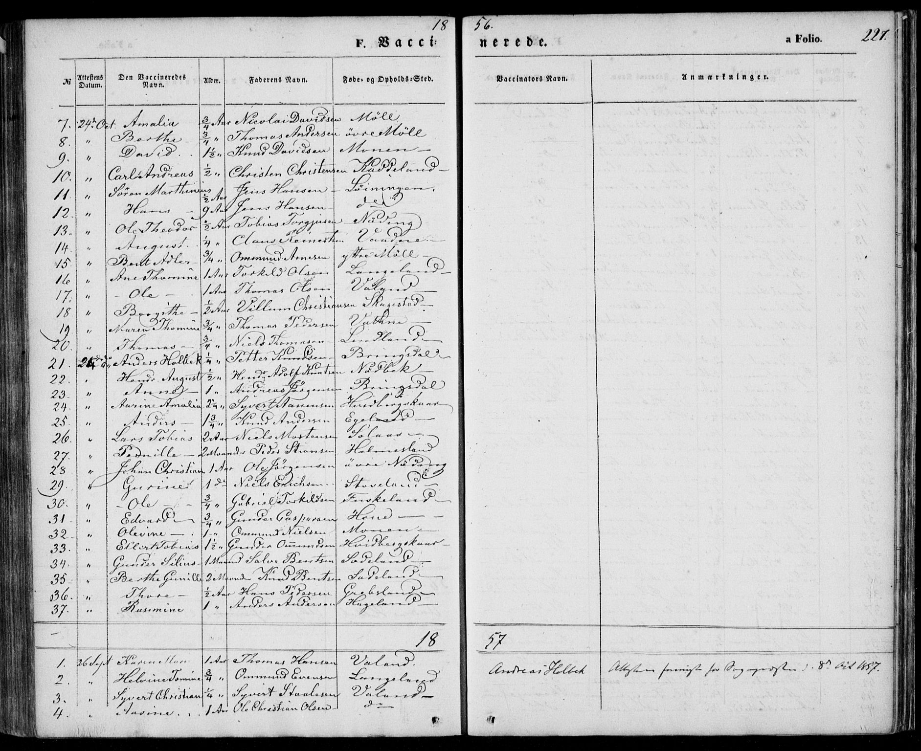 Holum sokneprestkontor, AV/SAK-1111-0022/F/Fa/Faa/L0005: Parish register (official) no. A 5, 1850-1864, p. 227