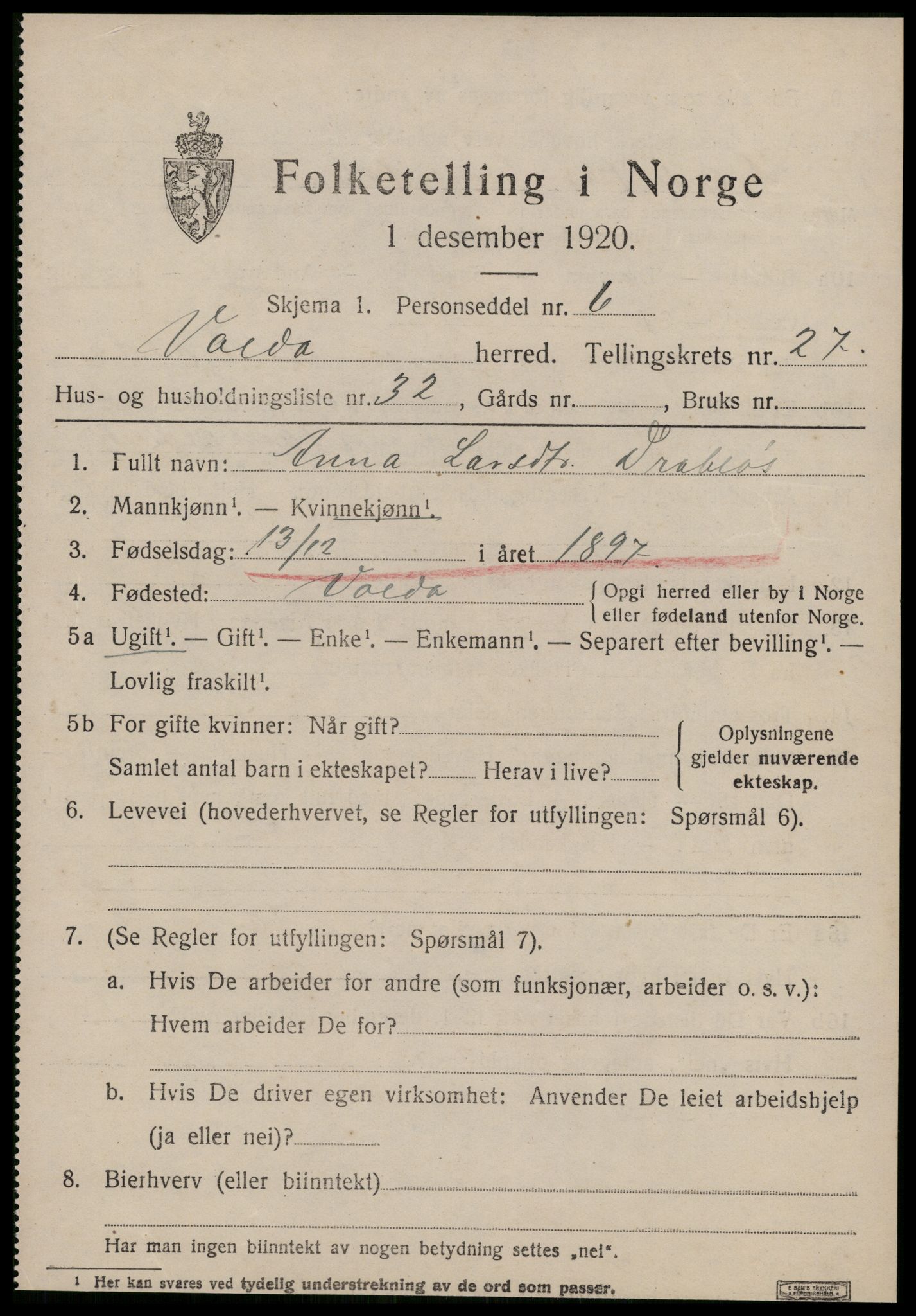 SAT, 1920 census for Volda, 1920, p. 12930