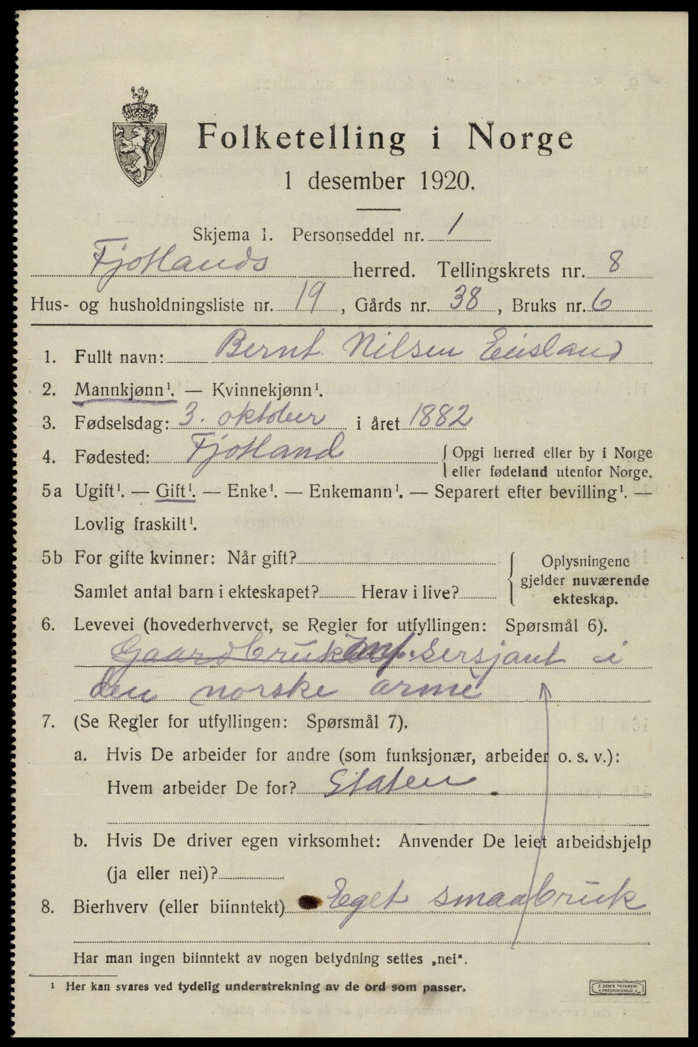 SAK, 1920 census for Fjotland, 1920, p. 2208