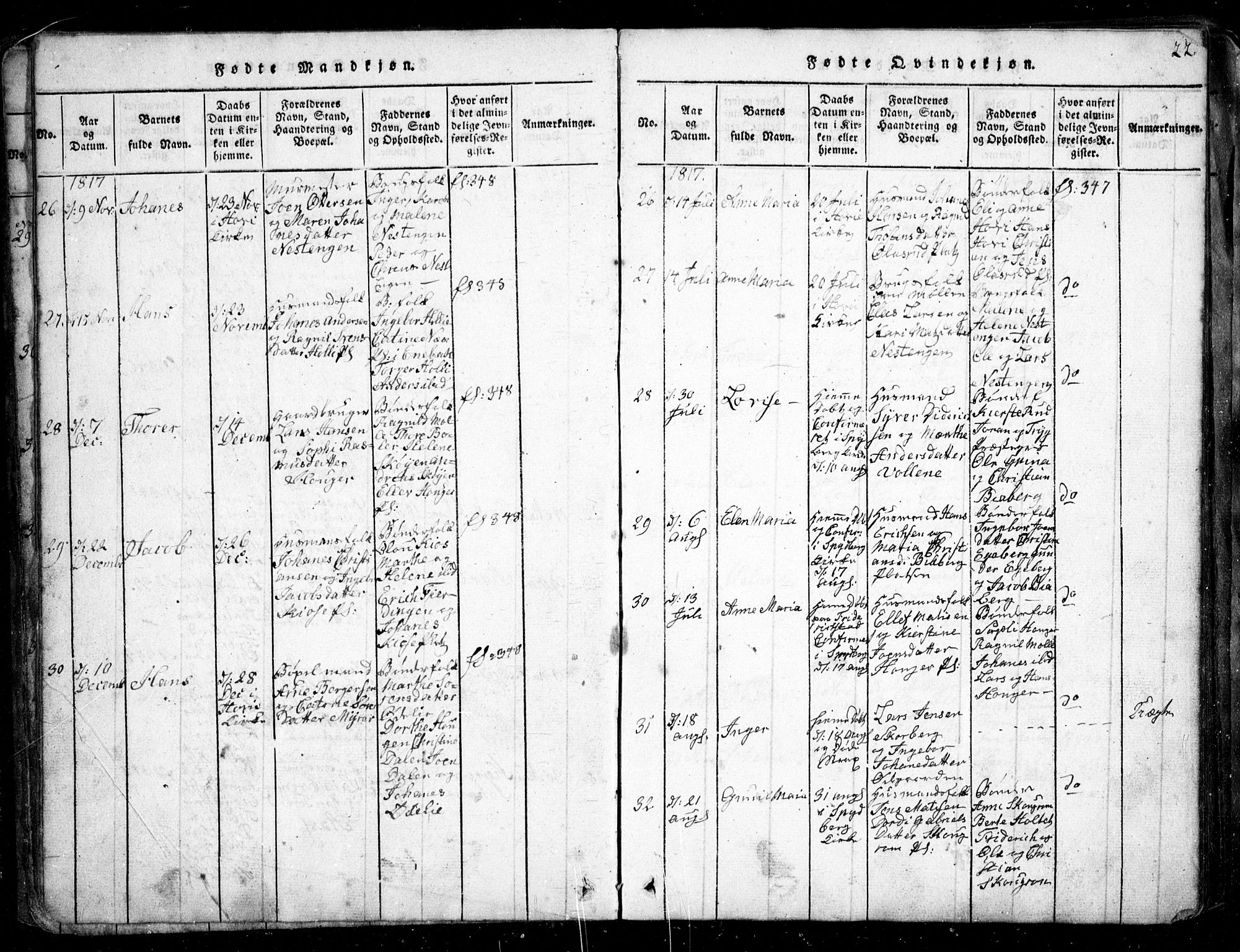 Spydeberg prestekontor Kirkebøker, SAO/A-10924/G/Ga/L0001: Parish register (copy) no. I 1, 1814-1868, p. 22
