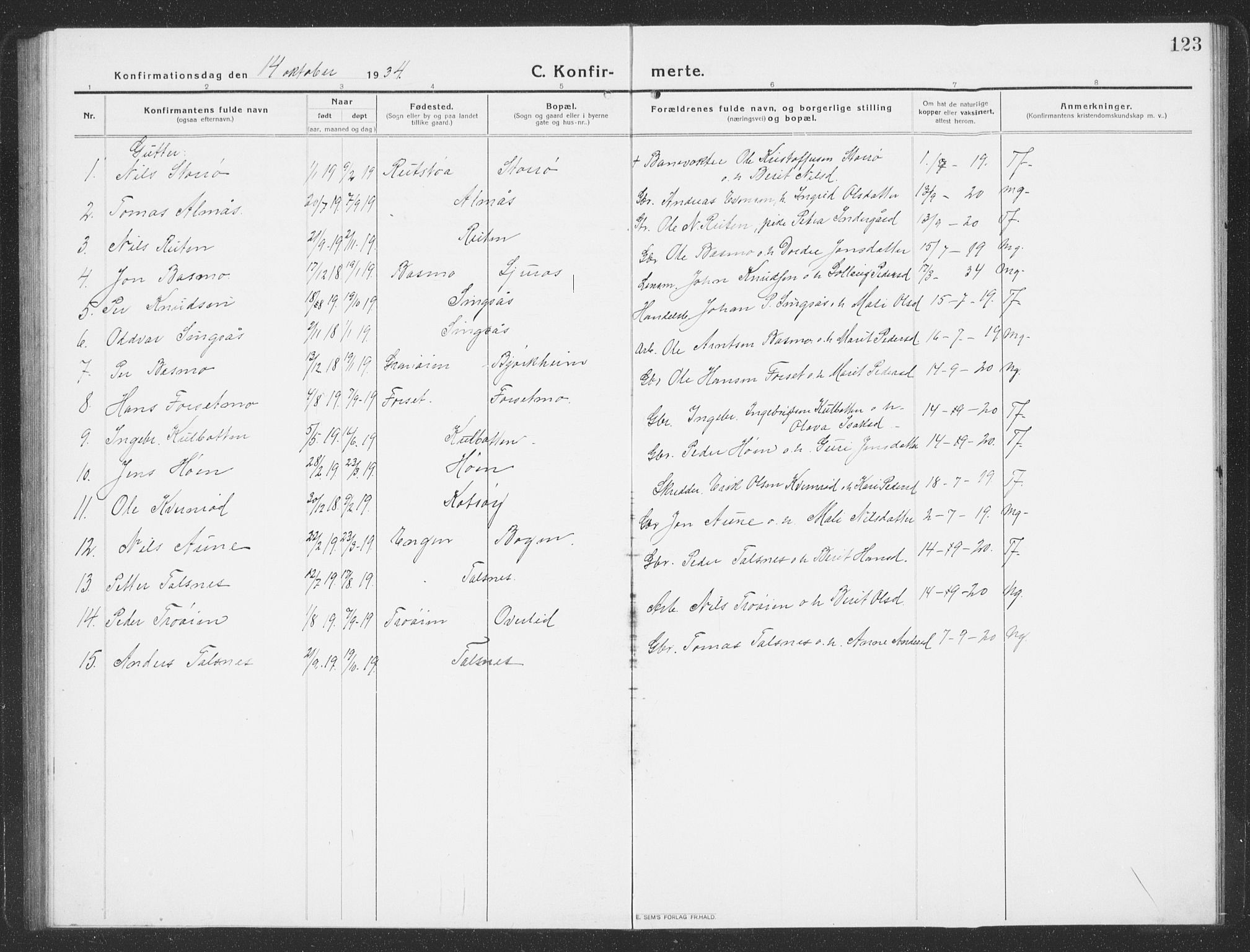 Ministerialprotokoller, klokkerbøker og fødselsregistre - Sør-Trøndelag, AV/SAT-A-1456/688/L1030: Parish register (copy) no. 688C05, 1916-1939, p. 123