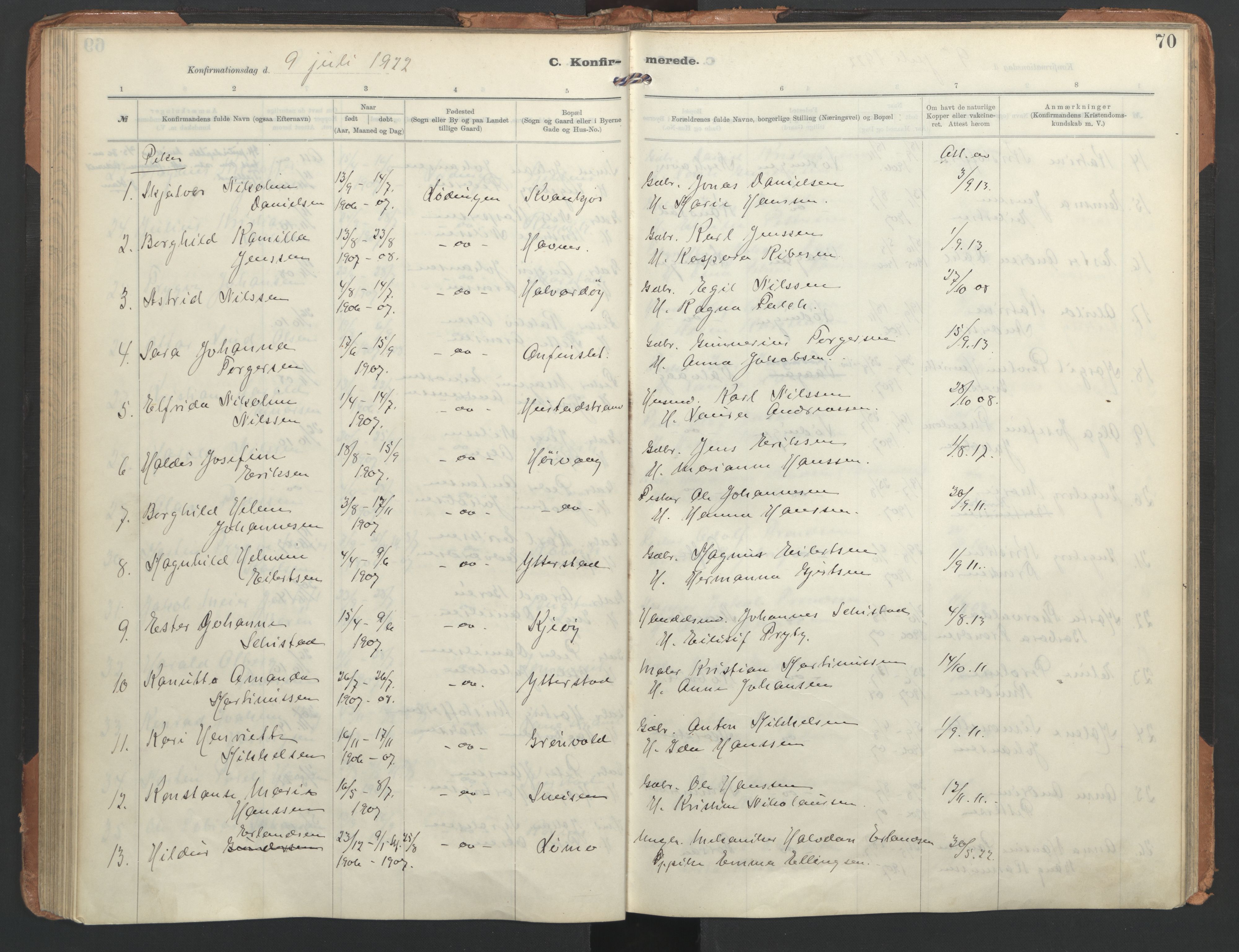 Ministerialprotokoller, klokkerbøker og fødselsregistre - Nordland, AV/SAT-A-1459/872/L1042: Parish register (official) no. 872A17, 1910-1937, p. 70