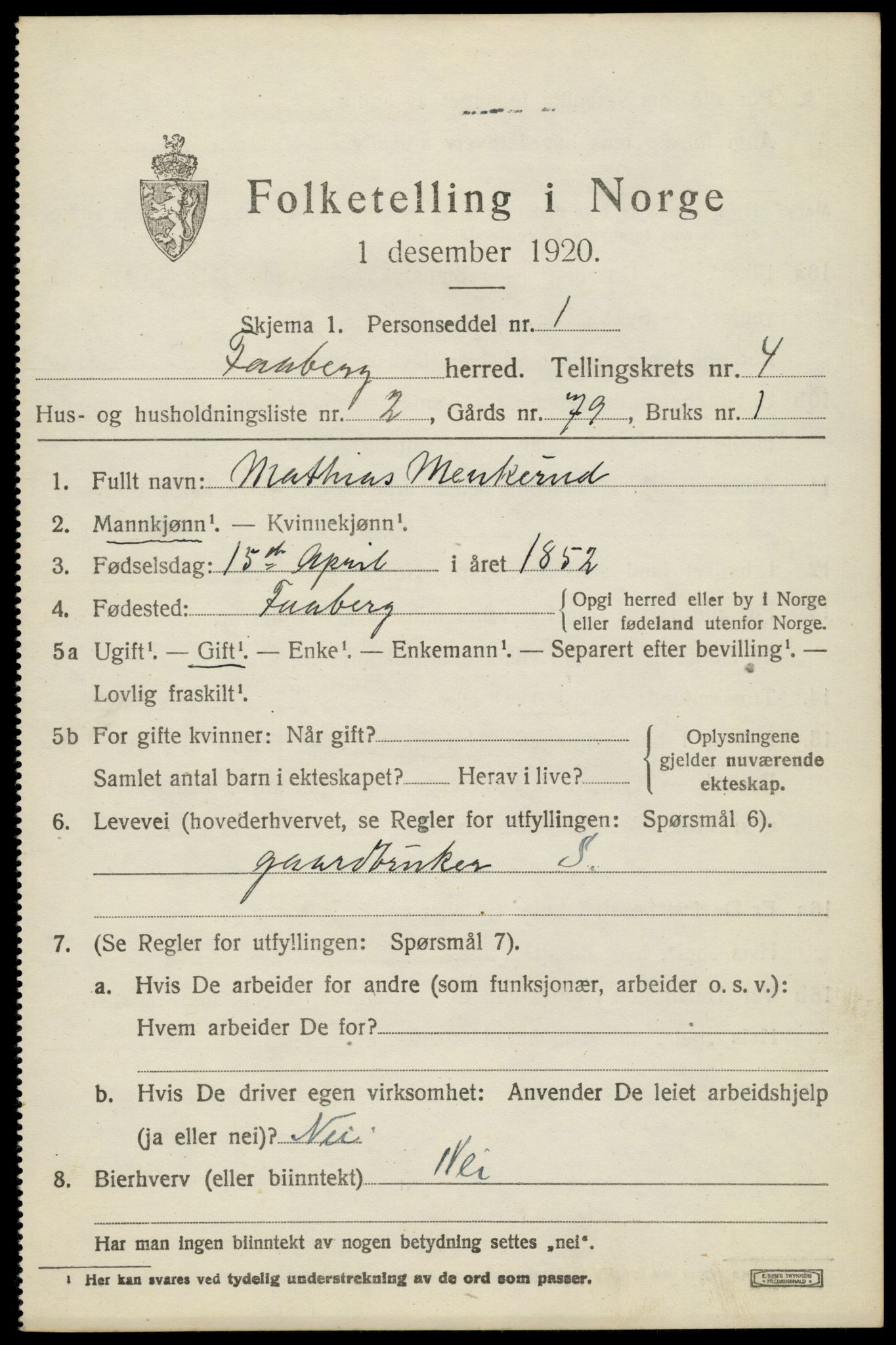 SAH, 1920 census for Fåberg, 1920, p. 4492