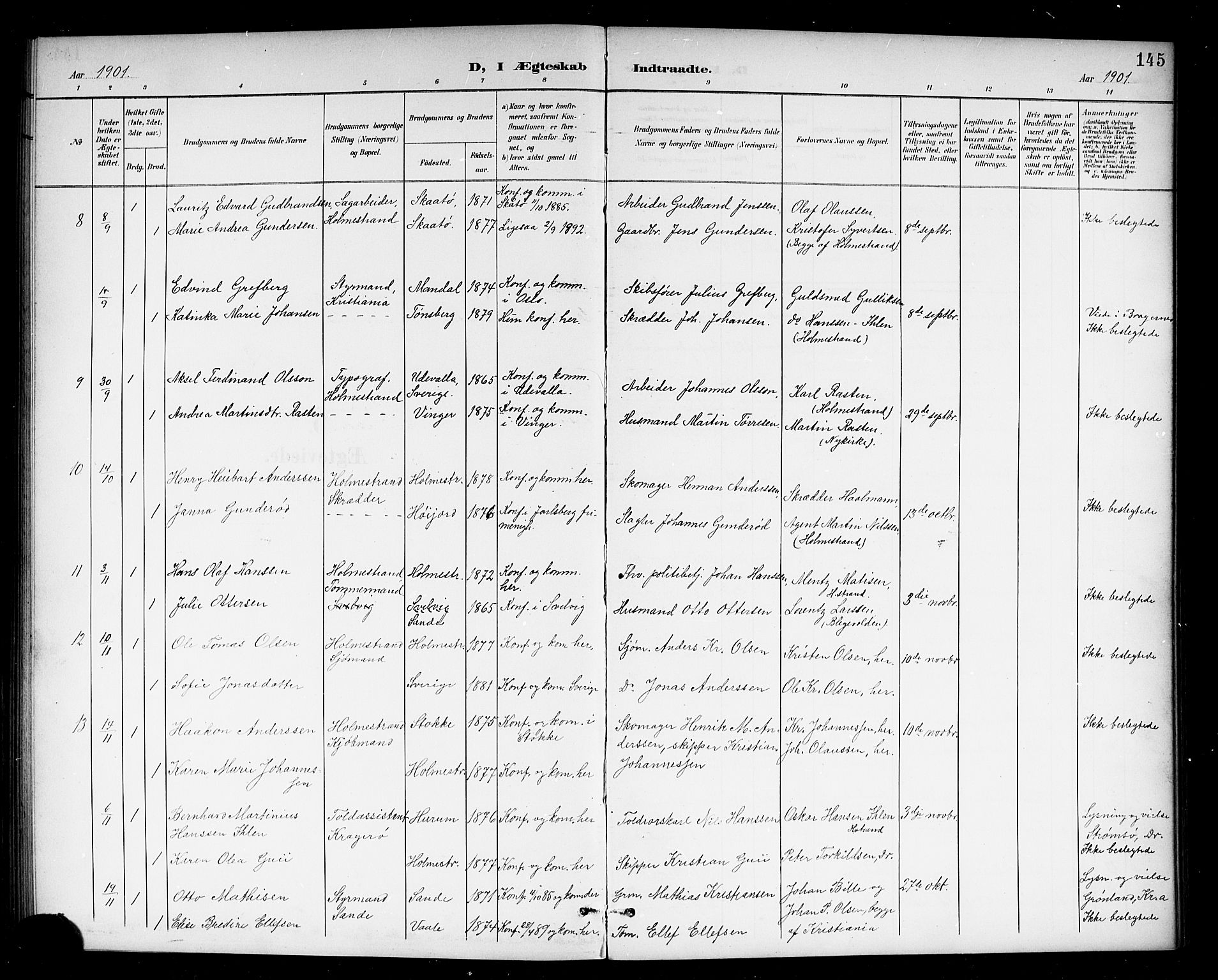 Holmestrand kirkebøker, AV/SAKO-A-346/G/Ga/L0006: Parish register (copy) no. 6, 1901-1923, p. 145