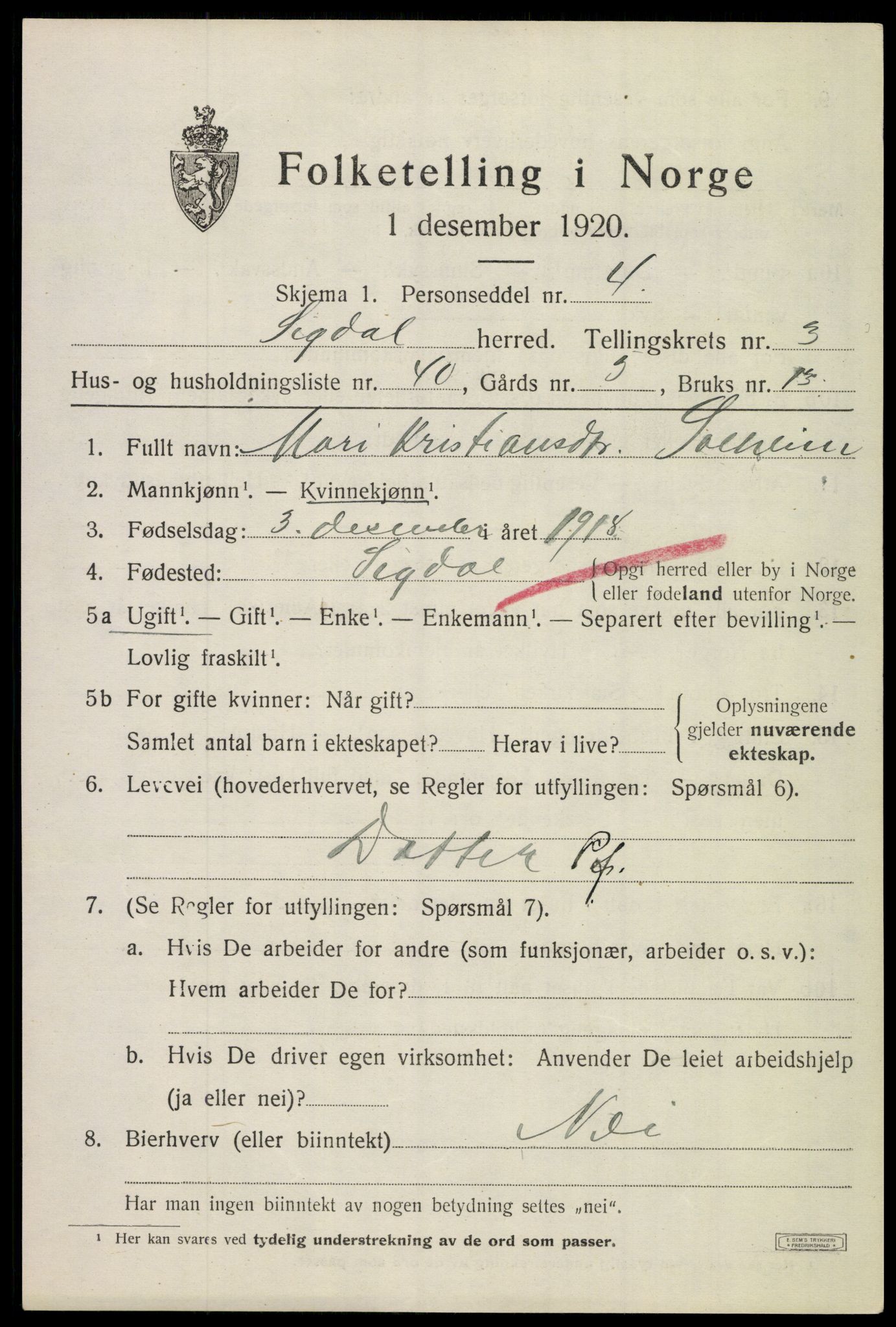 SAKO, 1920 census for Sigdal, 1920, p. 3150