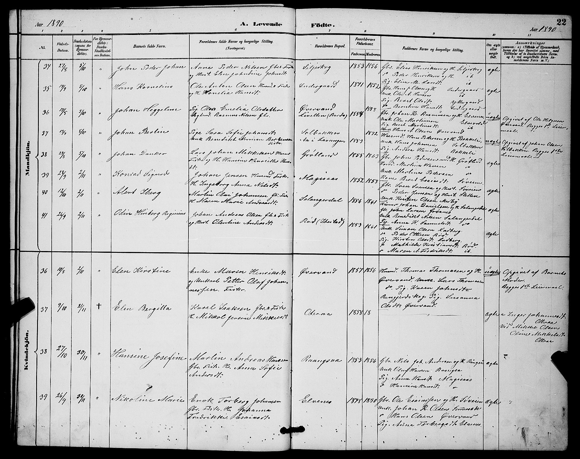 Ibestad sokneprestembete, AV/SATØ-S-0077/H/Ha/Hab/L0015klokker: Parish register (copy) no. 15, 1888-1899, p. 22