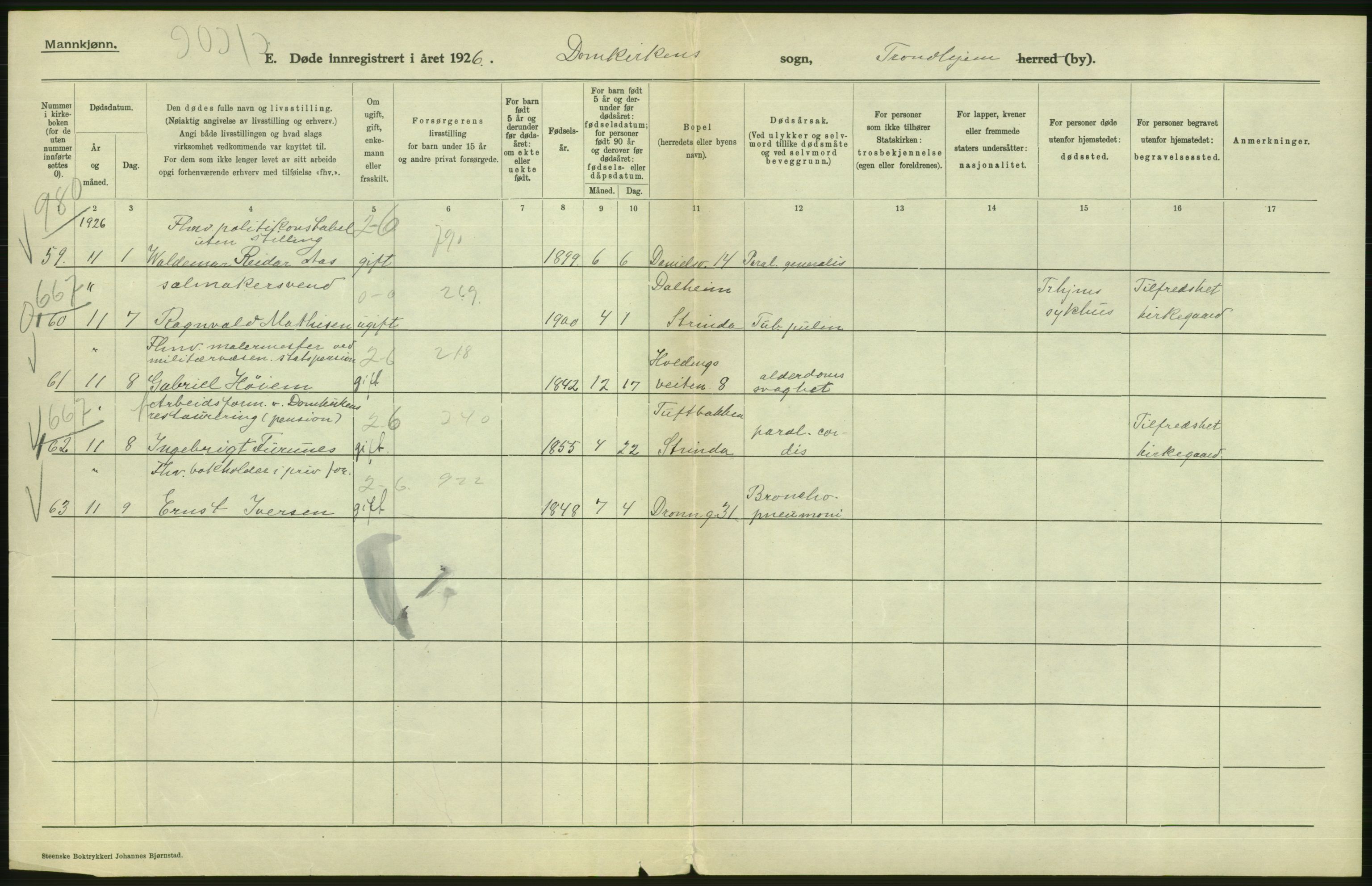 Statistisk sentralbyrå, Sosiodemografiske emner, Befolkning, AV/RA-S-2228/D/Df/Dfc/Dfcf/L0036: Trondheim: Levendefødte menn og kvinner, gifte, døde, dødfødte., 1926, p. 566