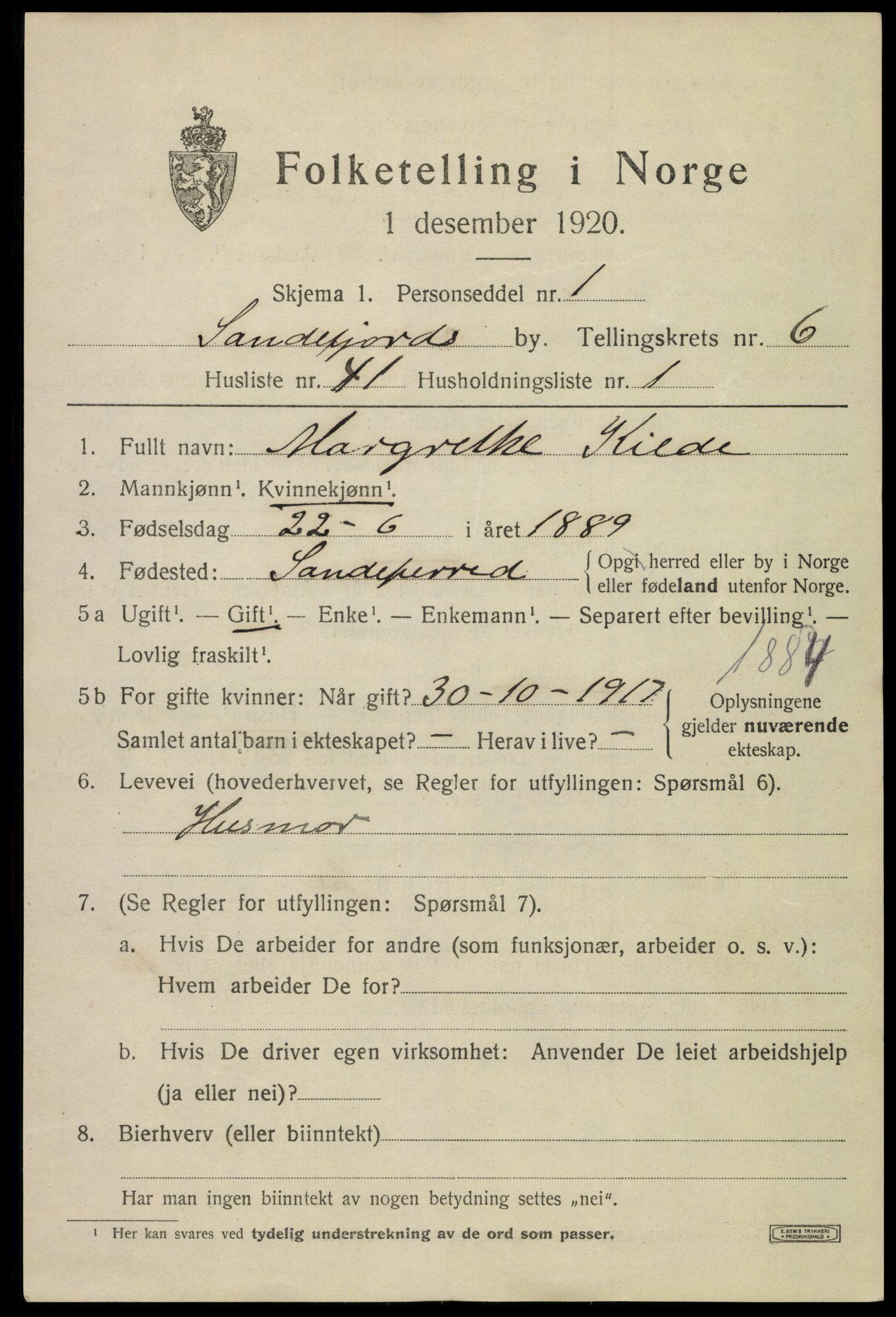 SAKO, 1920 census for Sandefjord, 1920, p. 10370