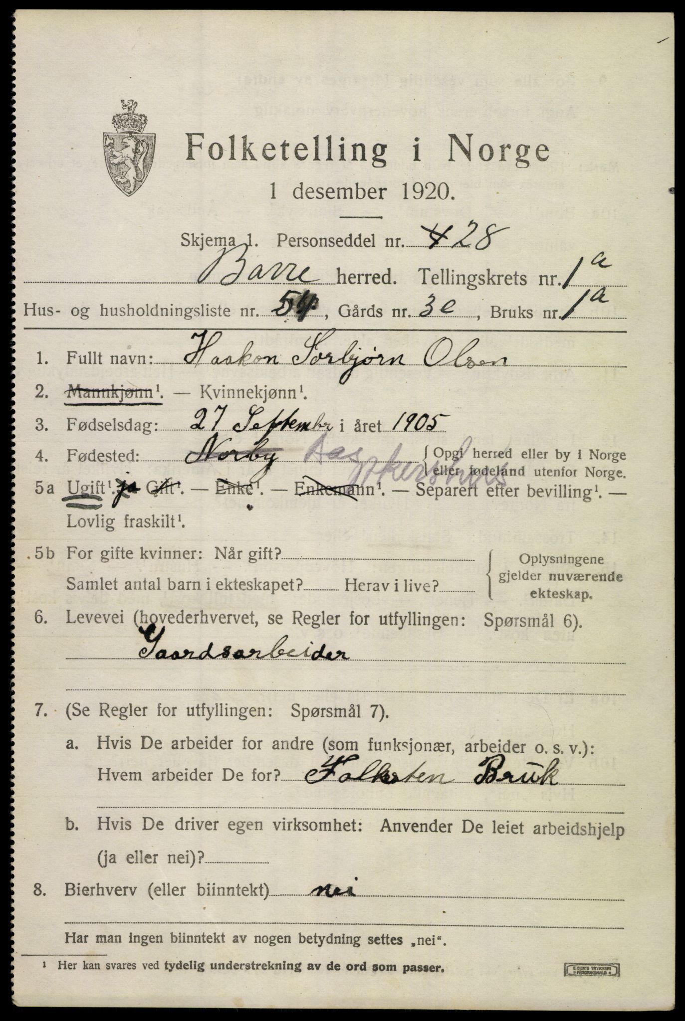 SAKO, 1920 census for Borre, 1920, p. 2098