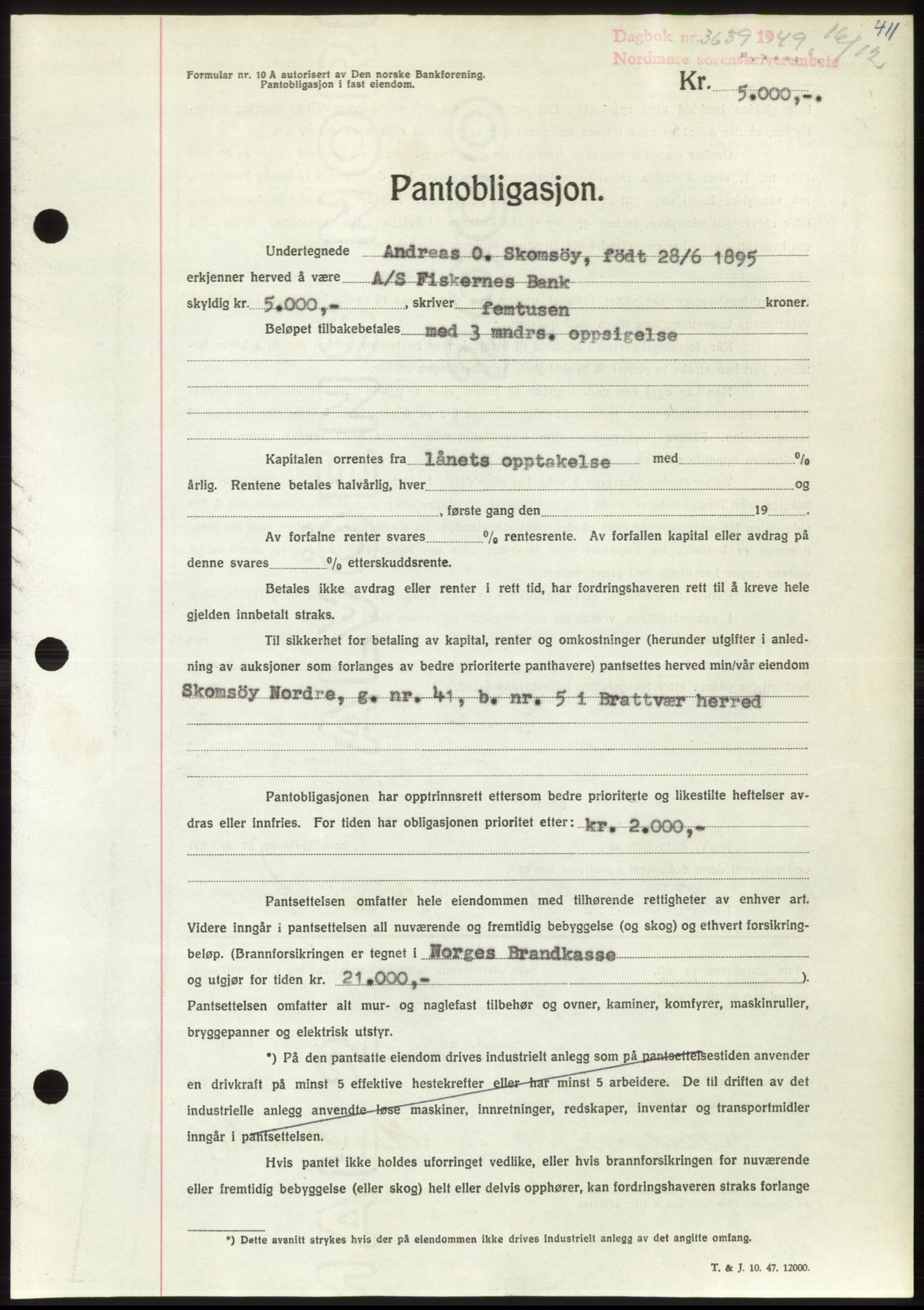 Nordmøre sorenskriveri, AV/SAT-A-4132/1/2/2Ca: Mortgage book no. B103, 1949-1950, Diary no: : 3639/1949