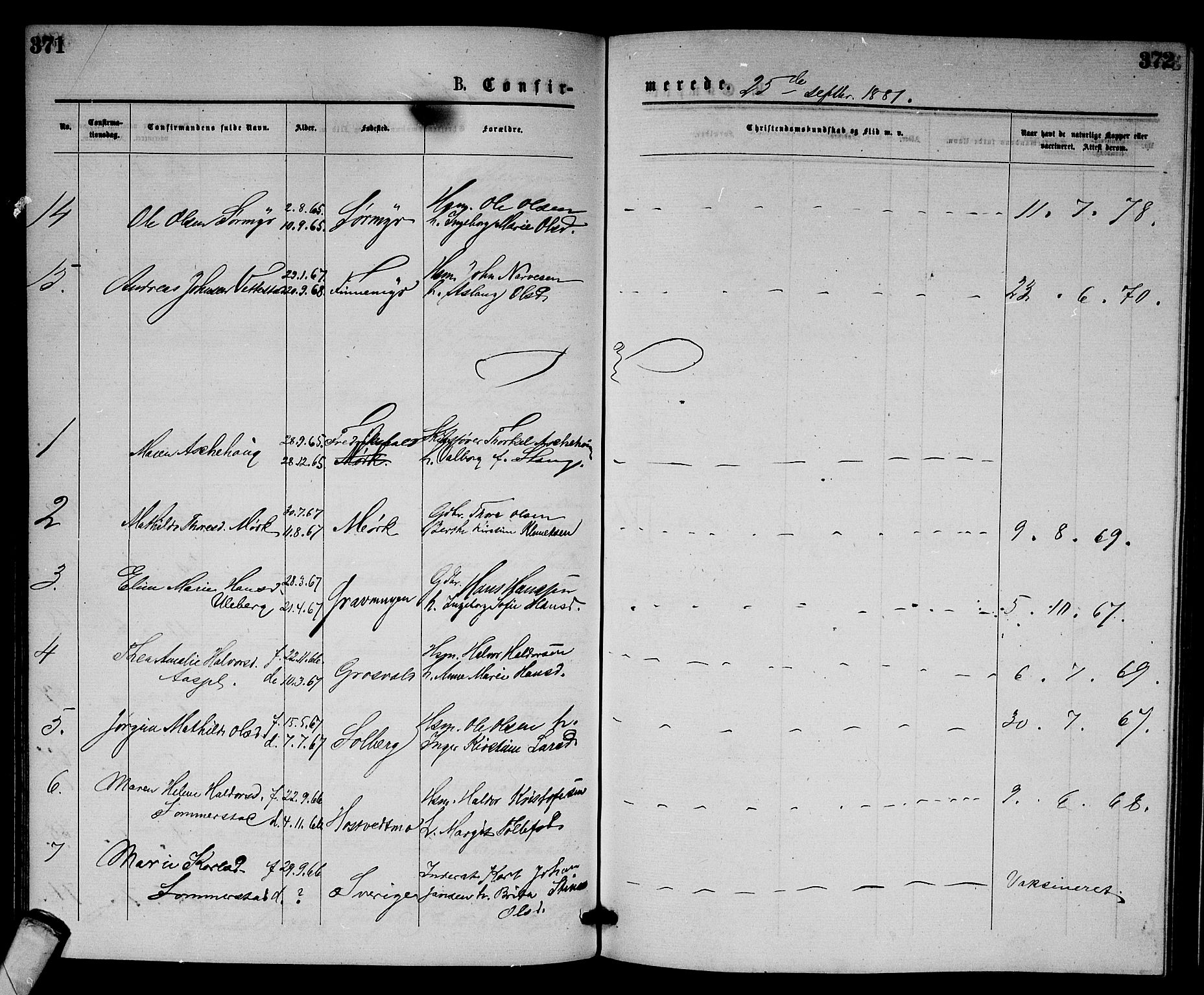 Sandsvær kirkebøker, AV/SAKO-A-244/G/Gb/L0001: Parish register (copy) no. II 1, 1874-1885, p. 371-372