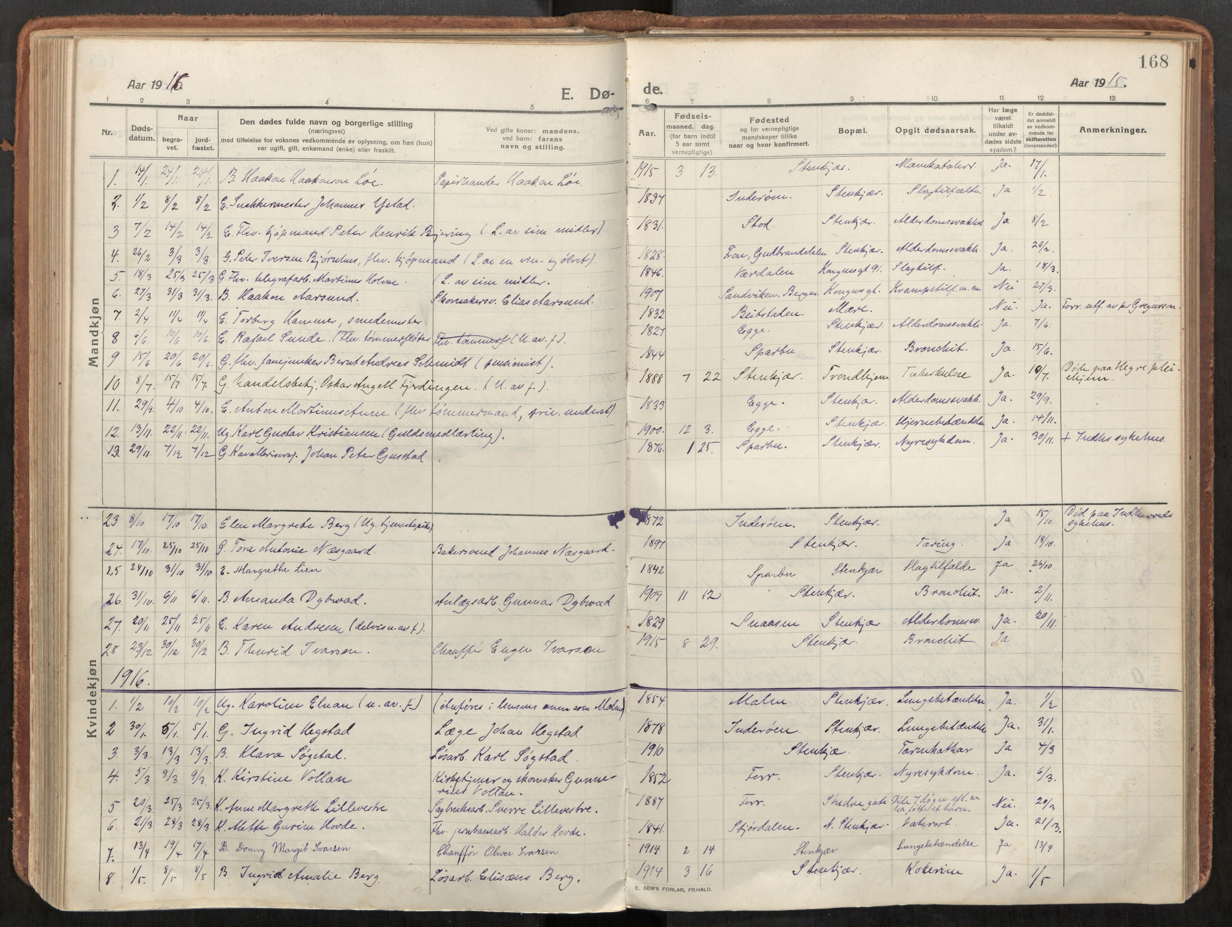 Steinkjer sokneprestkontor, AV/SAT-A-1541/01/H/Ha/Haa/L0003: Parish register (official) no. 3, 1913-1922, p. 168