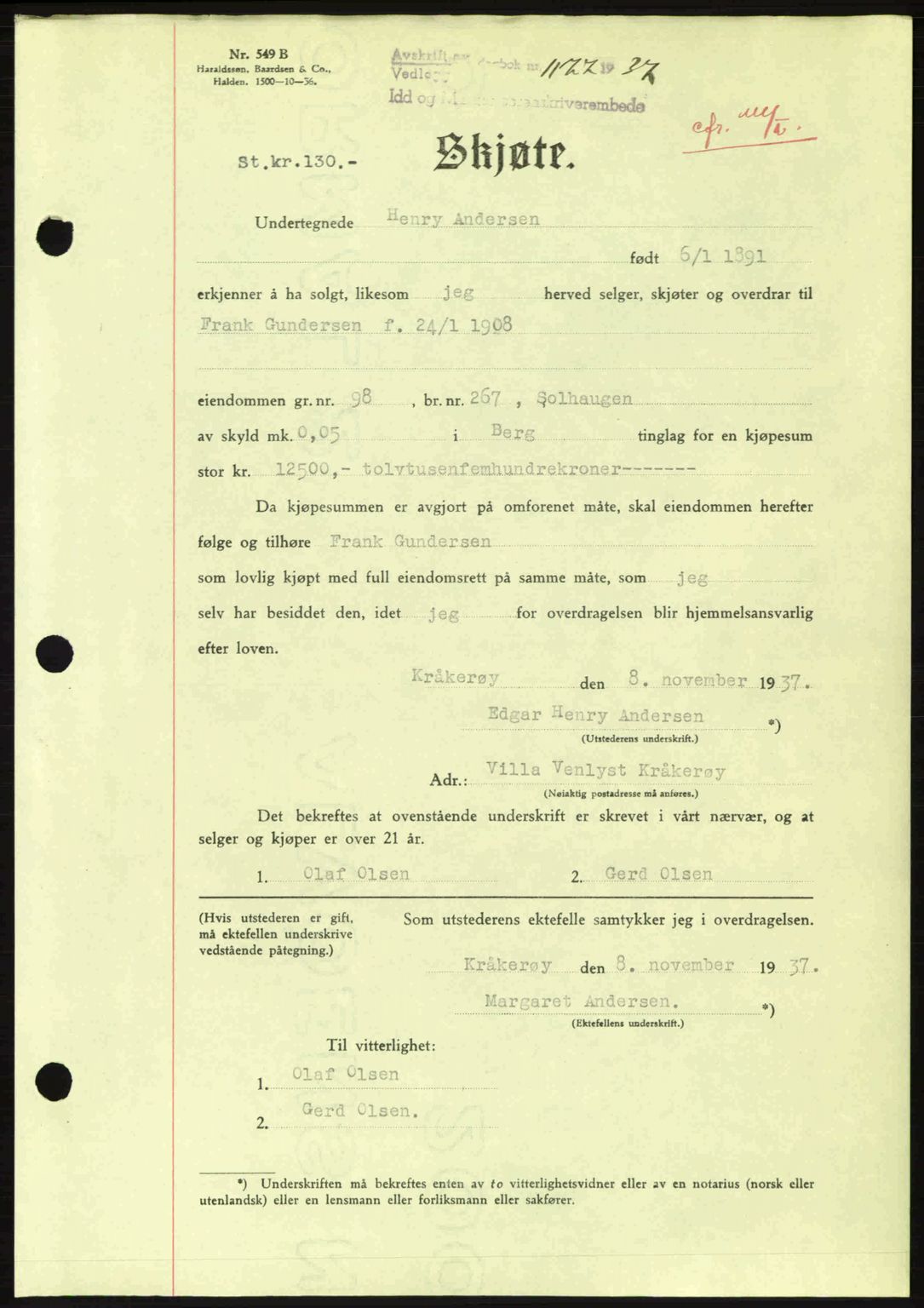 Idd og Marker sorenskriveri, AV/SAO-A-10283/G/Gb/Gbb/L0002: Mortgage book no. A2, 1937-1938, Diary no: : 1177/1937