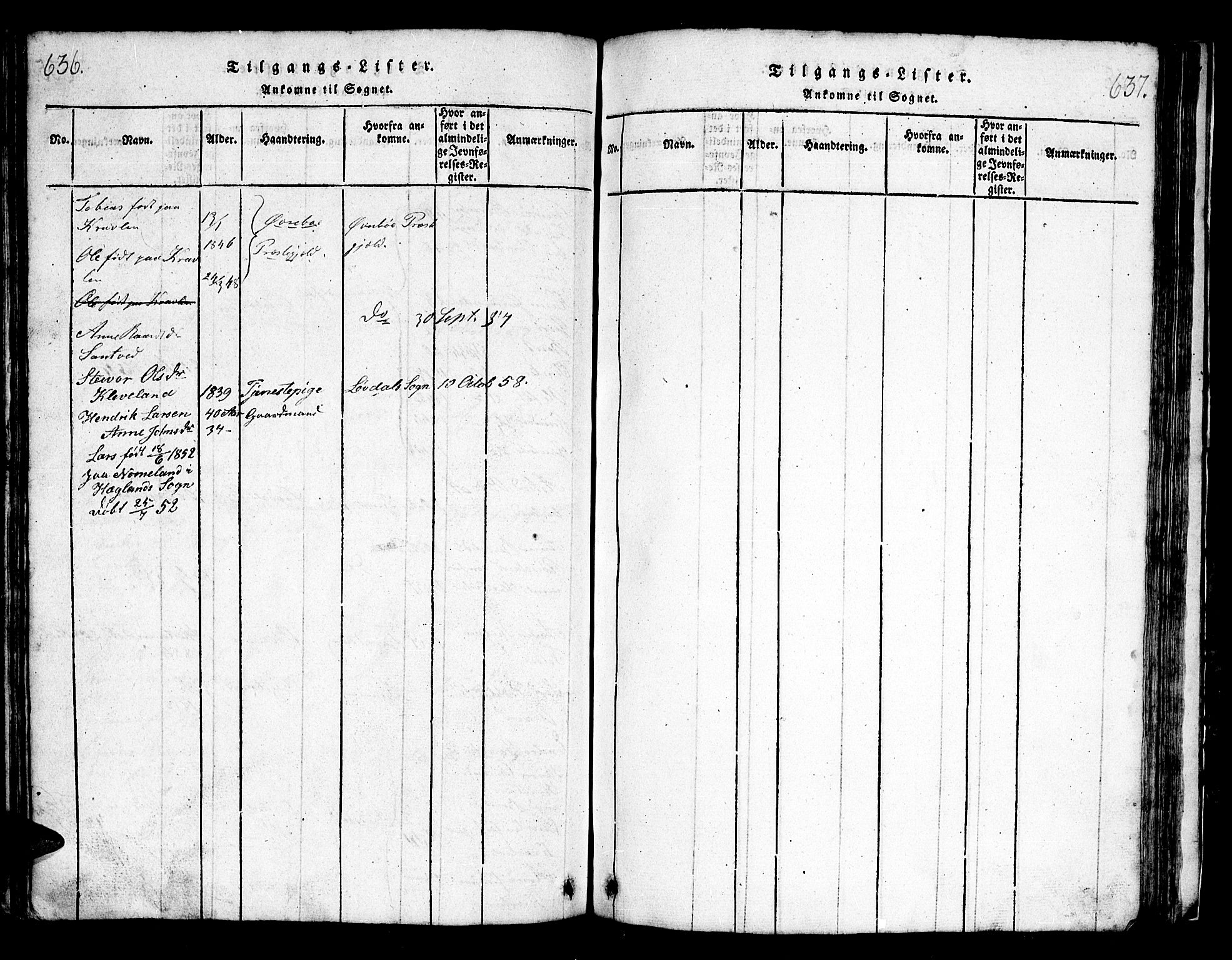 Bjelland sokneprestkontor, SAK/1111-0005/F/Fb/Fbb/L0003: Parish register (copy) no. B 3, 1816-1868, p. 636-637
