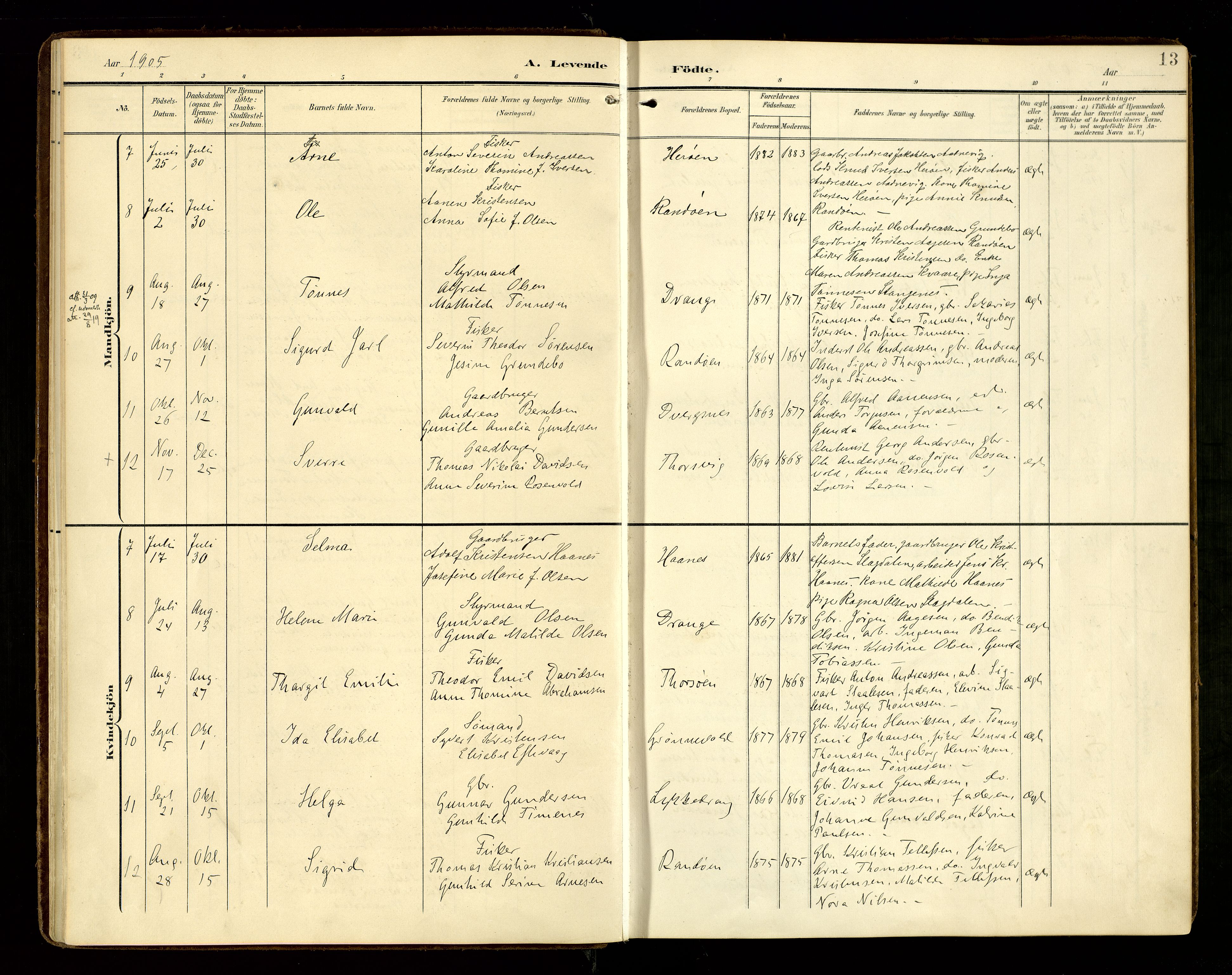 Oddernes sokneprestkontor, AV/SAK-1111-0033/F/Fa/Fab/L0003: Parish register (official) no. A 3, 1903-1916, p. 13