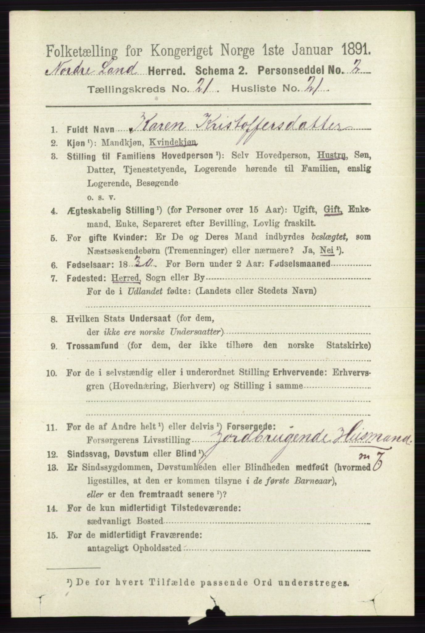 RA, 1891 census for 0538 Nordre Land, 1891, p. 5397