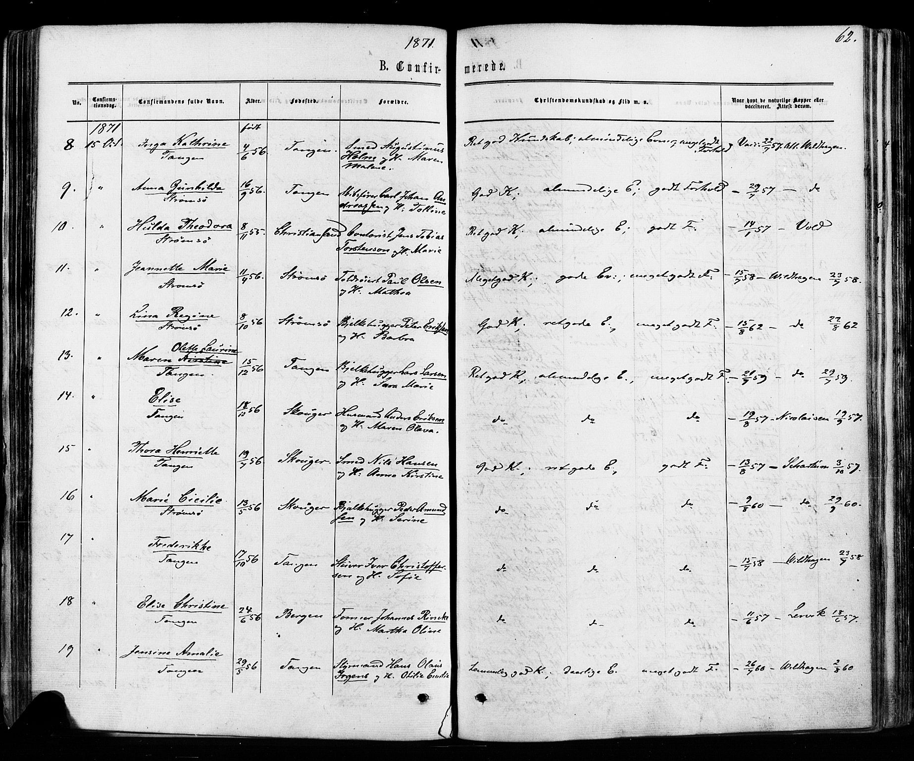 Strømsø kirkebøker, SAKO/A-246/F/Fa/L0018: Parish register (official) no. I 18, 1865-1878, p. 62