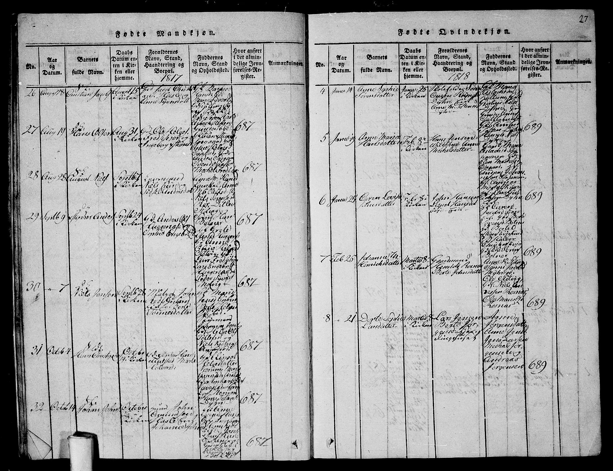 Rygge prestekontor Kirkebøker, AV/SAO-A-10084b/G/Ga/L0001: Parish register (copy) no. 1, 1814-1871, p. 26-27